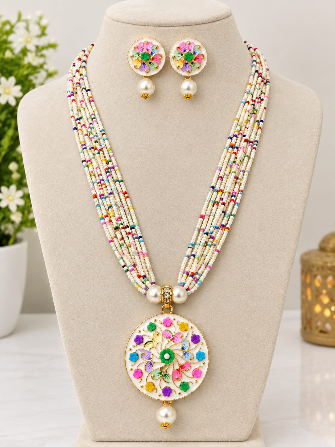 Multicolor Floral Pearl Necklace Set with Matching Earrings