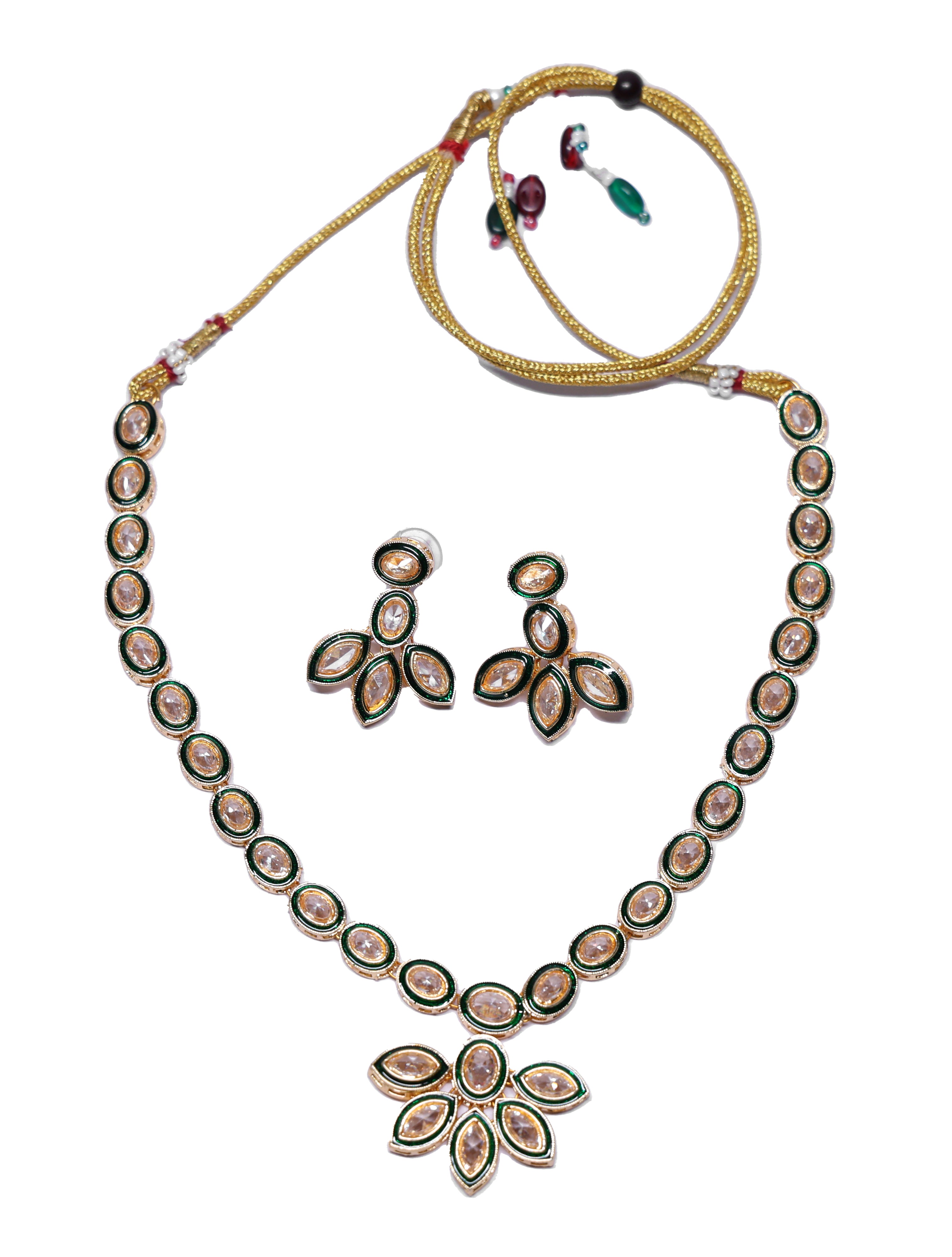 Elegant Green Kundan Floral Necklace Set with Matching Earrings for Women | Adjustable Traditional Jewelry
