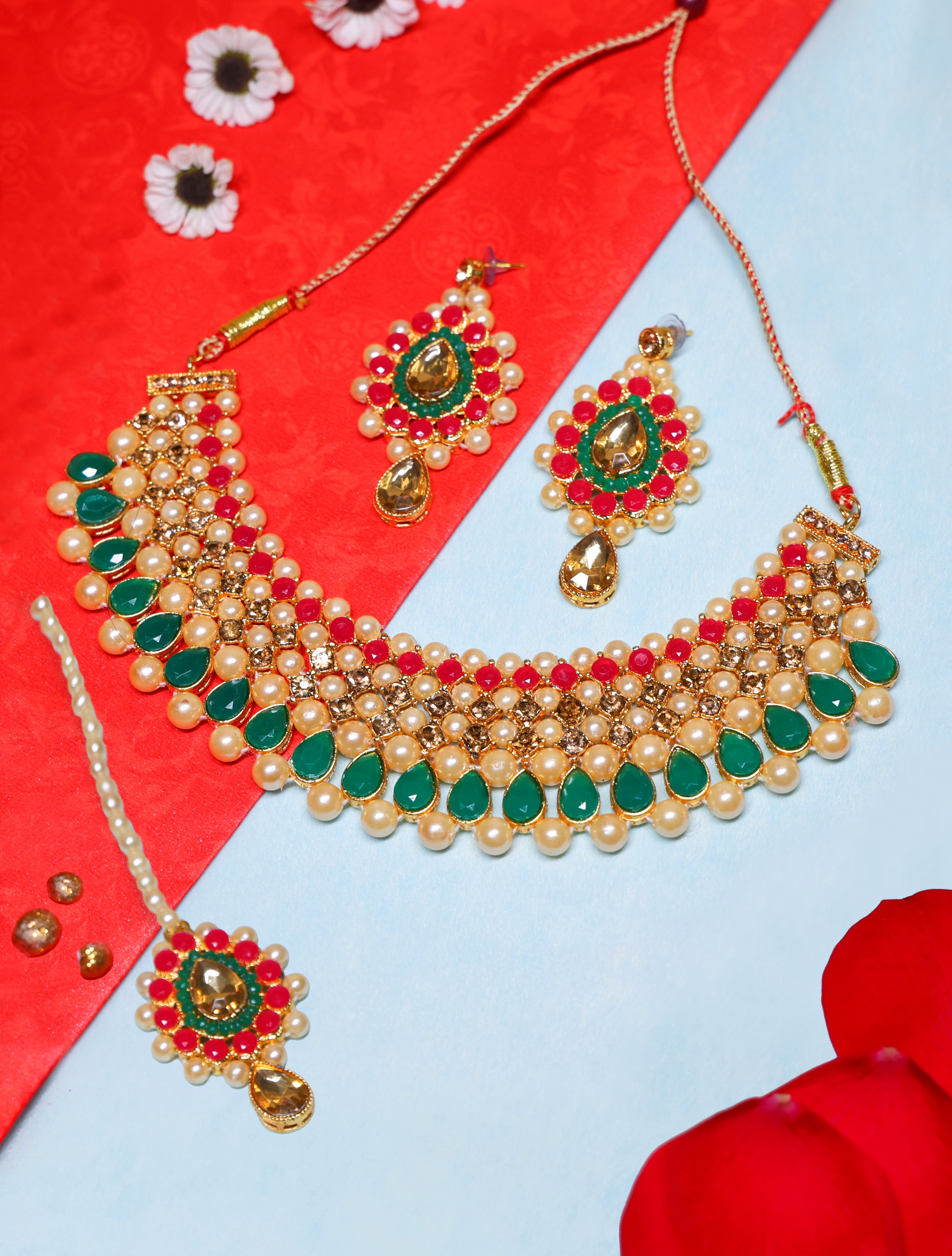 Kundan Pearl Choker Necklace Set with Earrings & Maang Tikka for Women