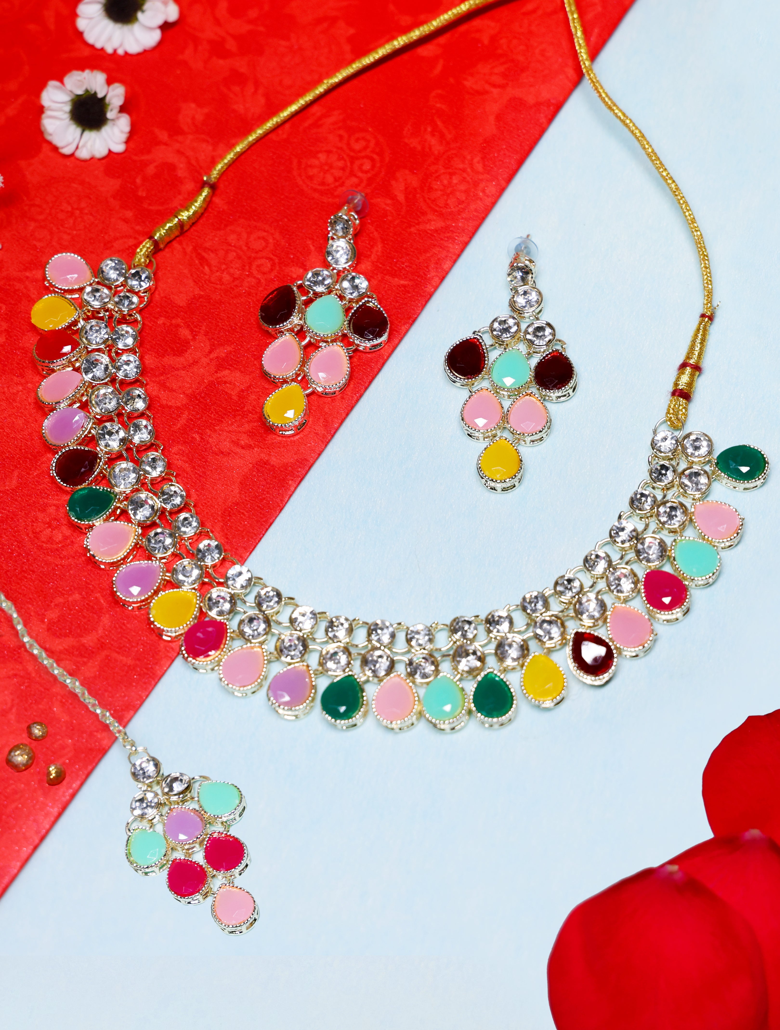 Multicolor Kundan Choker Necklace Set with Earrings for Women