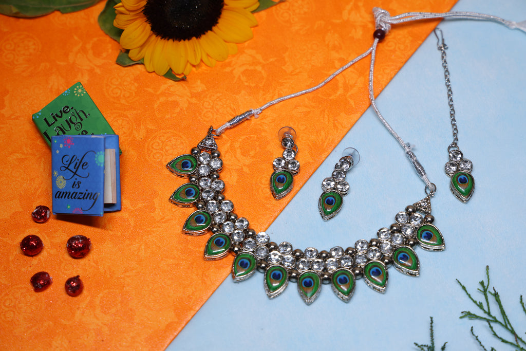 Peacock Feather Design Crystal Necklace Set with Matching Earrings & Maang Tikka for Women