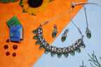 Peacock Feather Design Crystal Necklace Set with Matching Earrings & Maang Tikka for Women