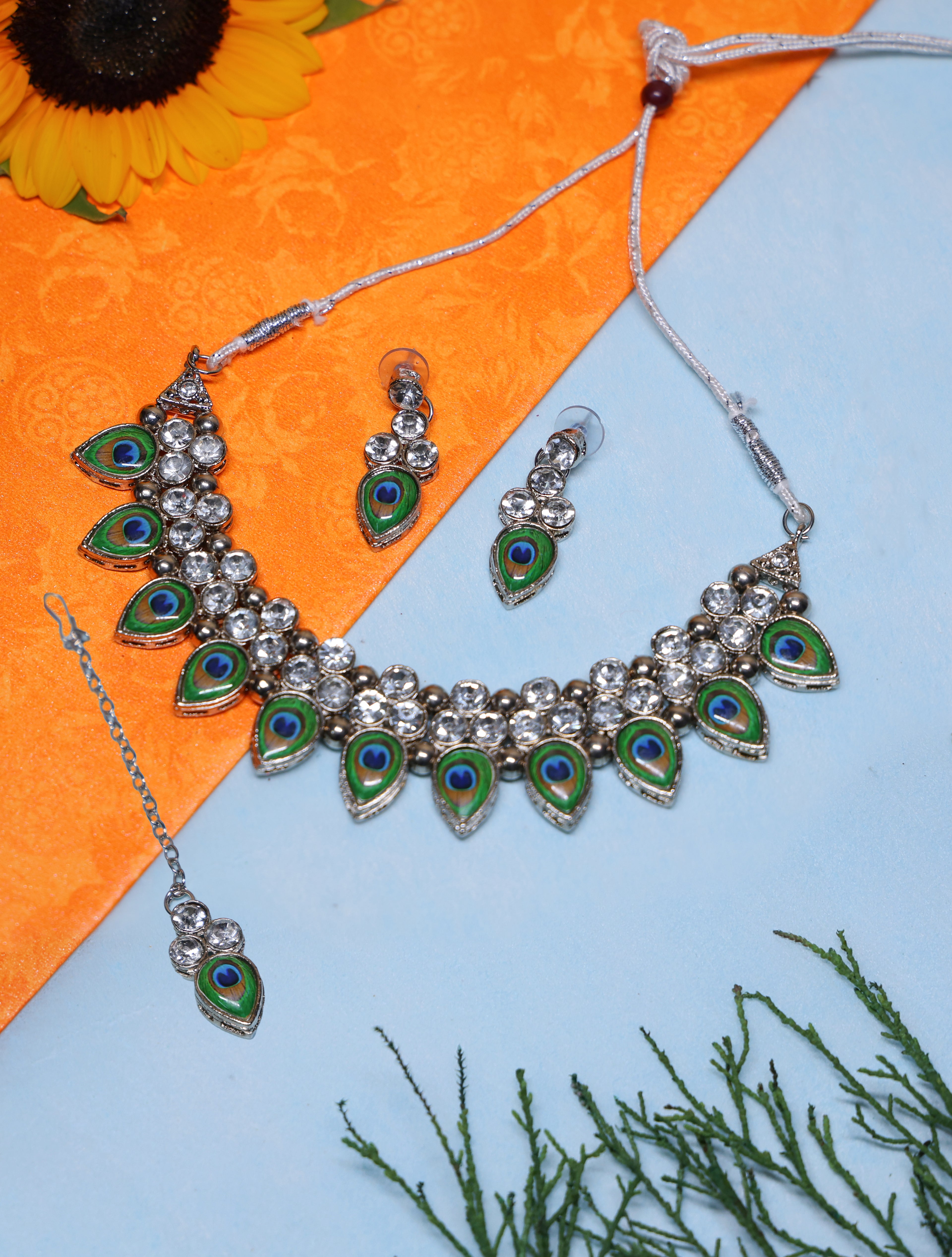 Peacock Feather Design Crystal Necklace Set with Matching Earrings & Maang Tikka for Women