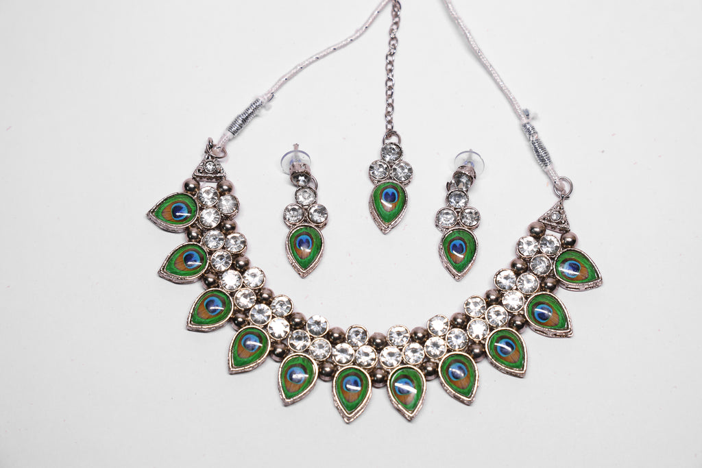 Peacock Feather Design Crystal Necklace Set with Matching Earrings & Maang Tikka for Women