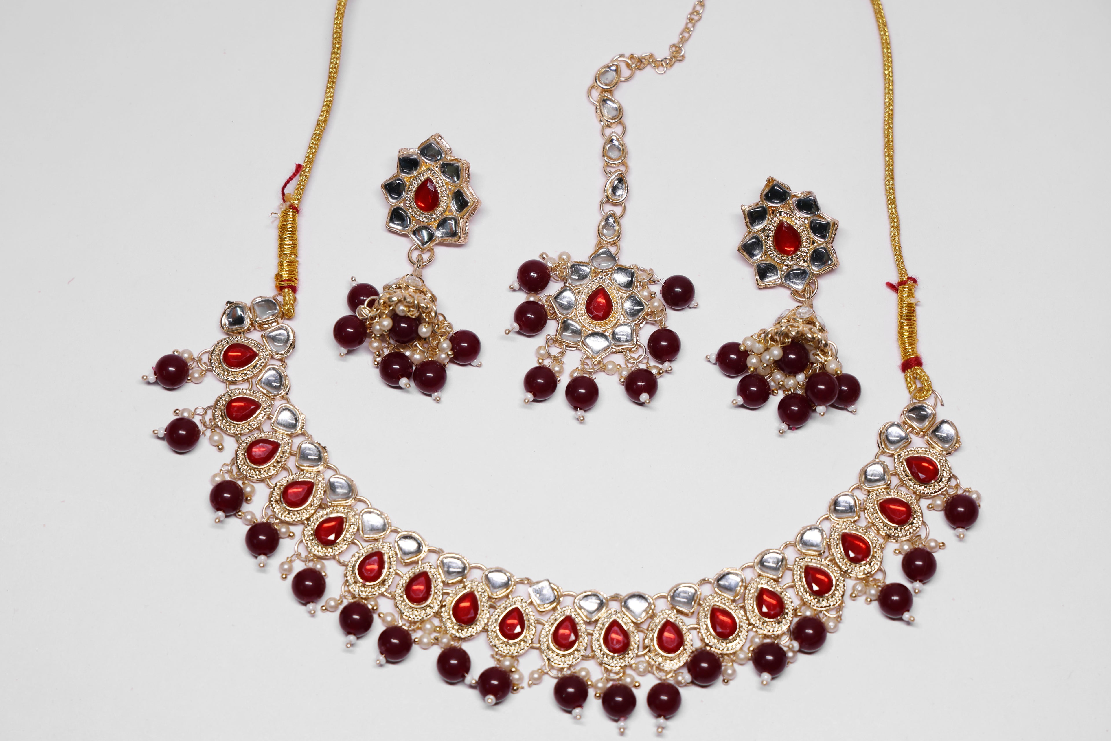 Maroon Kundan Necklace Set with Matching Earrings & Maang Tikka for Women | Traditional Gold-Plated Ethnic Jewellery