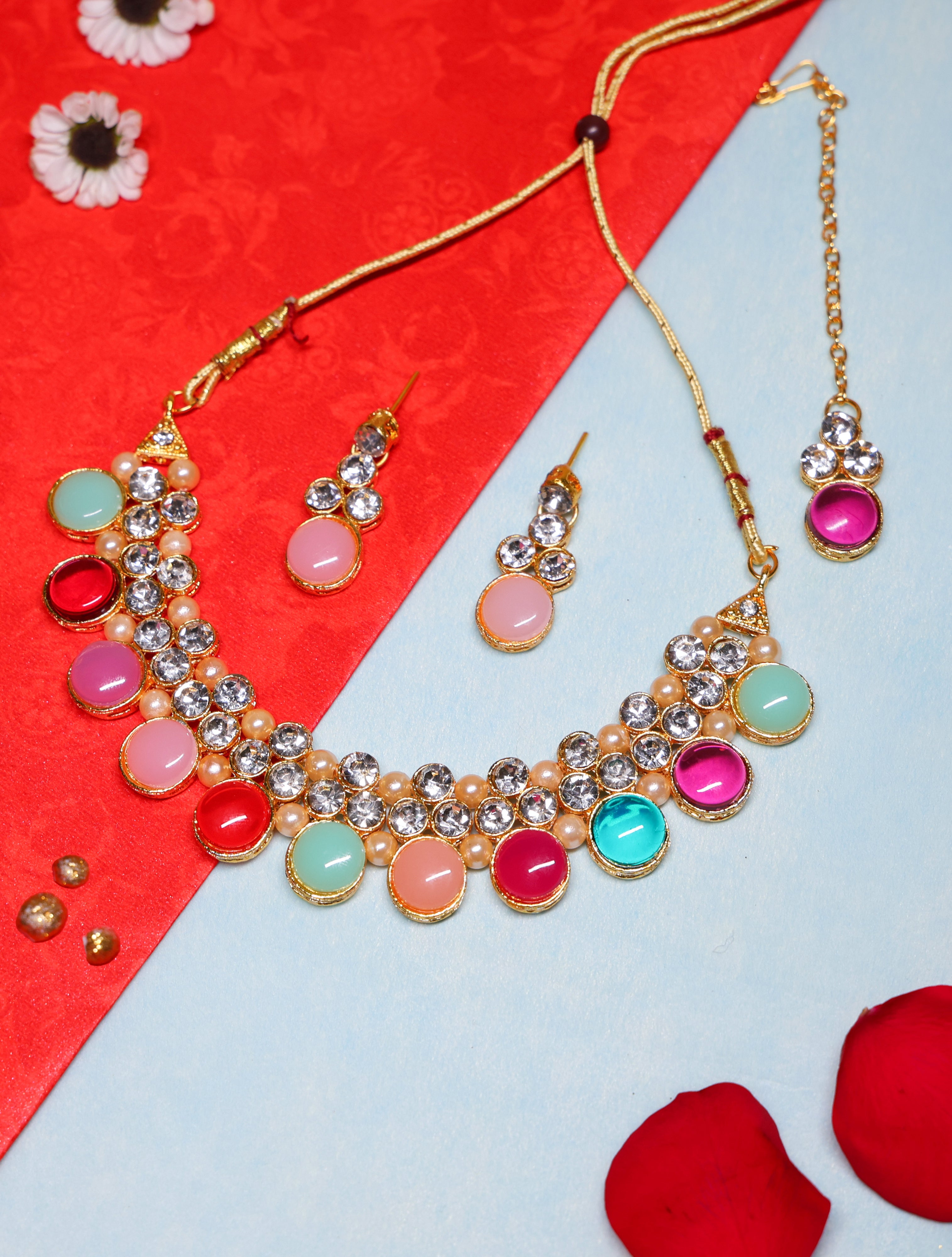 Multicolor Crystal Choker Necklace Set with Matching Earrings | Gold-Tone Adjustable Statement Jewelry for Women
