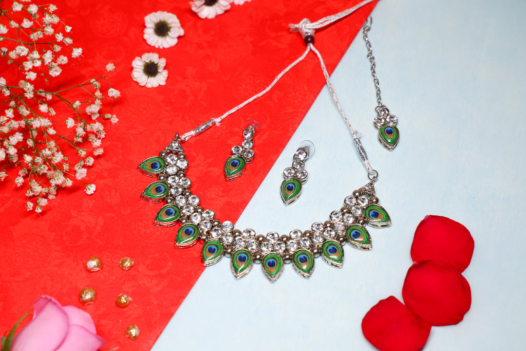 Peacock Feather Design Crystal Necklace Set with Matching Earrings & Maang Tikka for Women