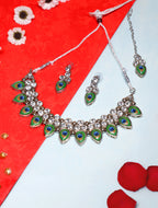 Peacock Feather Design Crystal Necklace Set with Matching Earrings & Maang Tikka for Women