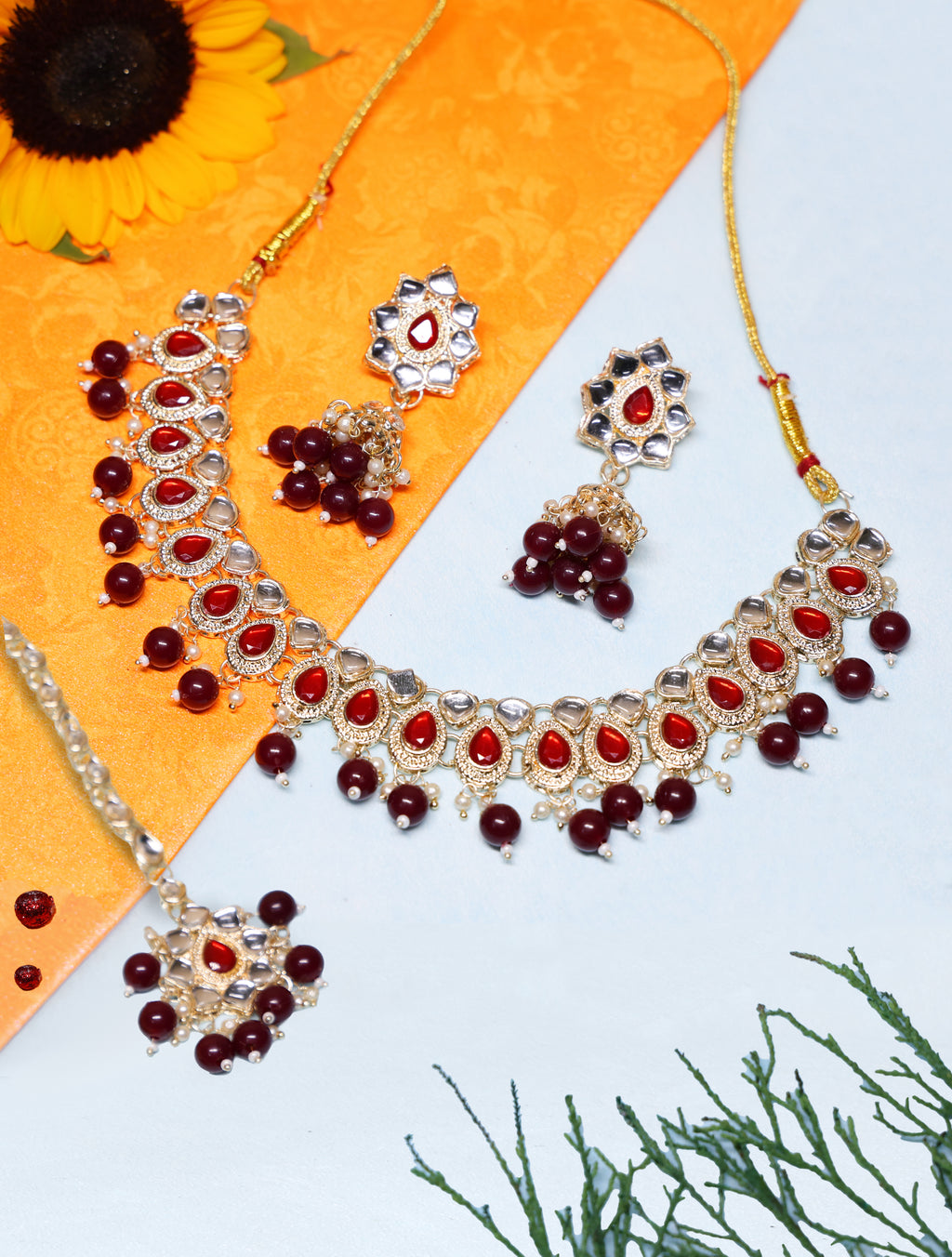 Maroon Kundan Necklace Set with Matching Earrings & Maang Tikka for Women | Traditional Gold-Plated Ethnic Jewellery