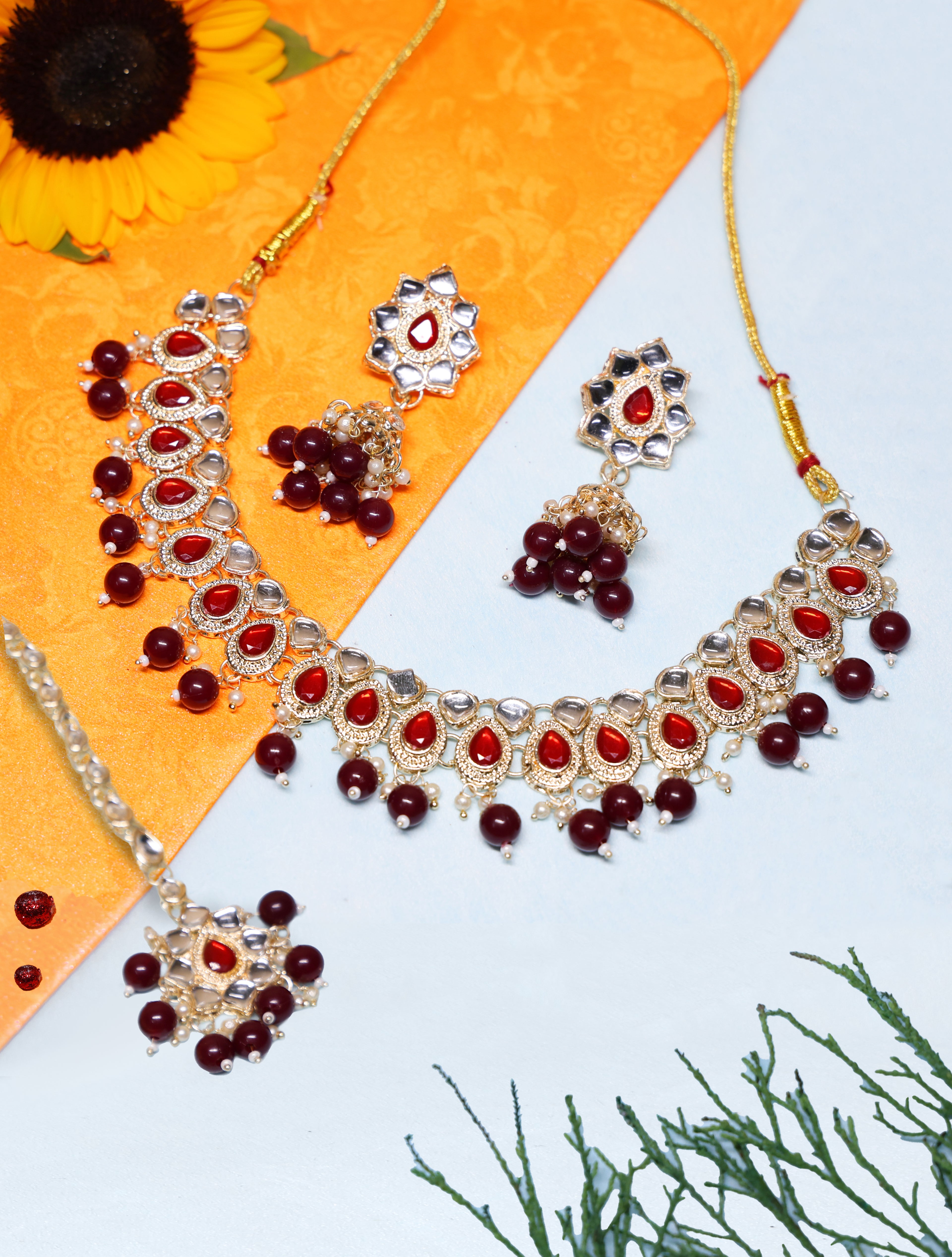 Maroon Kundan Necklace Set with Matching Earrings & Maang Tikka for Women | Traditional Gold-Plated Ethnic Jewellery
