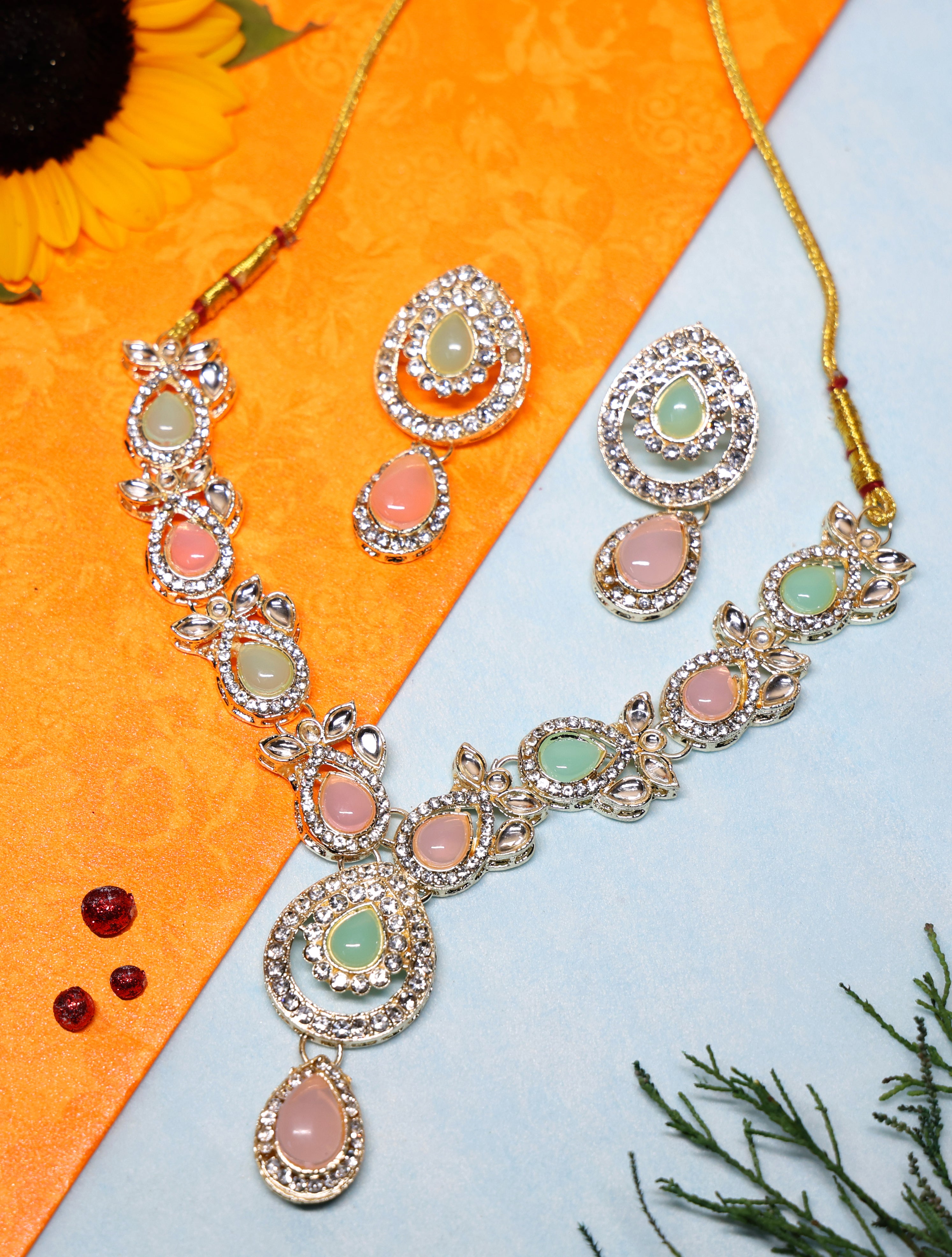 Pastel Pink & Mint Stone Statement Necklace Set with Matching Earrings | Silver-Tone Adjustable Ethnic Jewelry for Women