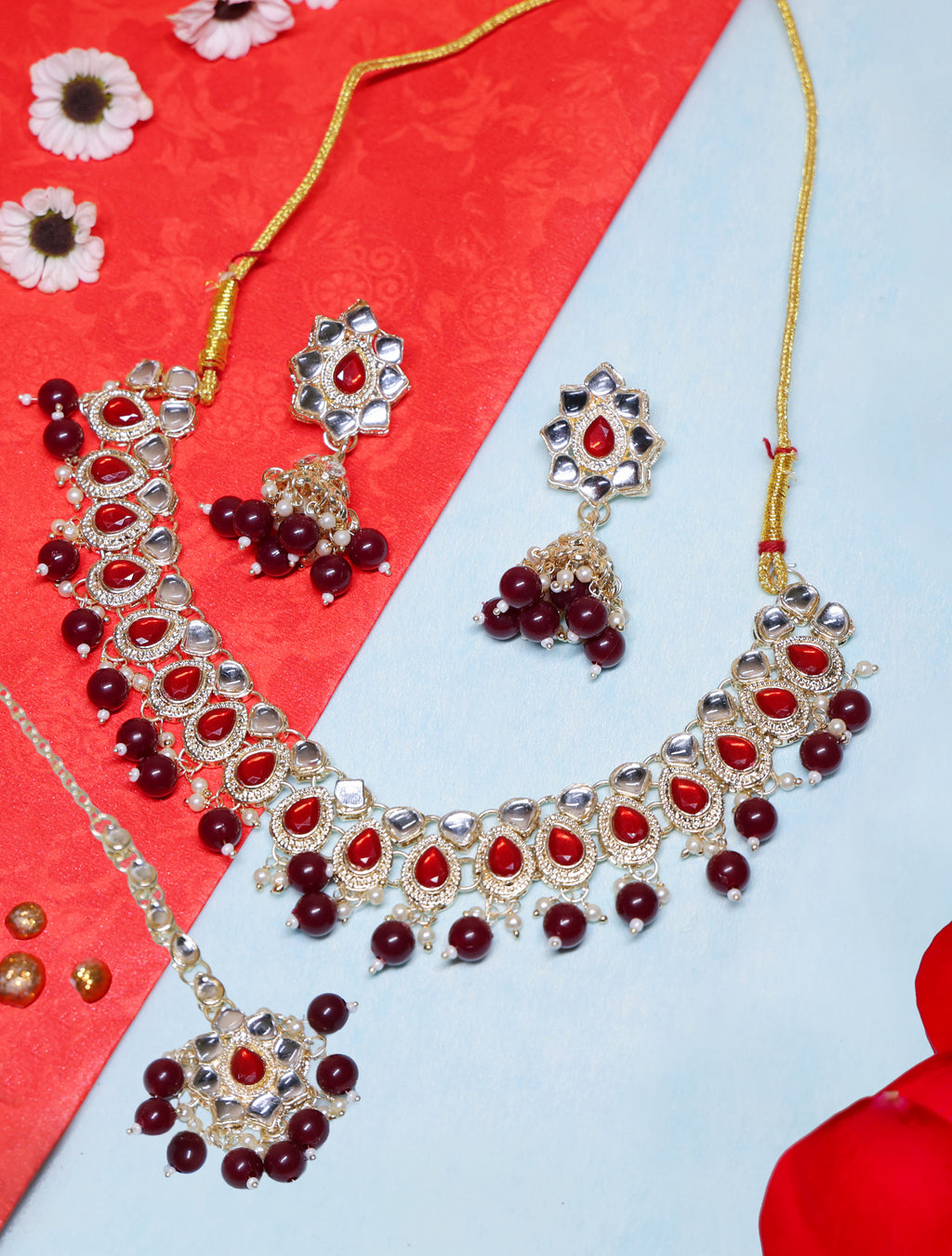 Maroon Kundan Necklace Set with Matching Earrings & Maang Tikka for Women | Traditional Gold-Plated Ethnic Jewellery