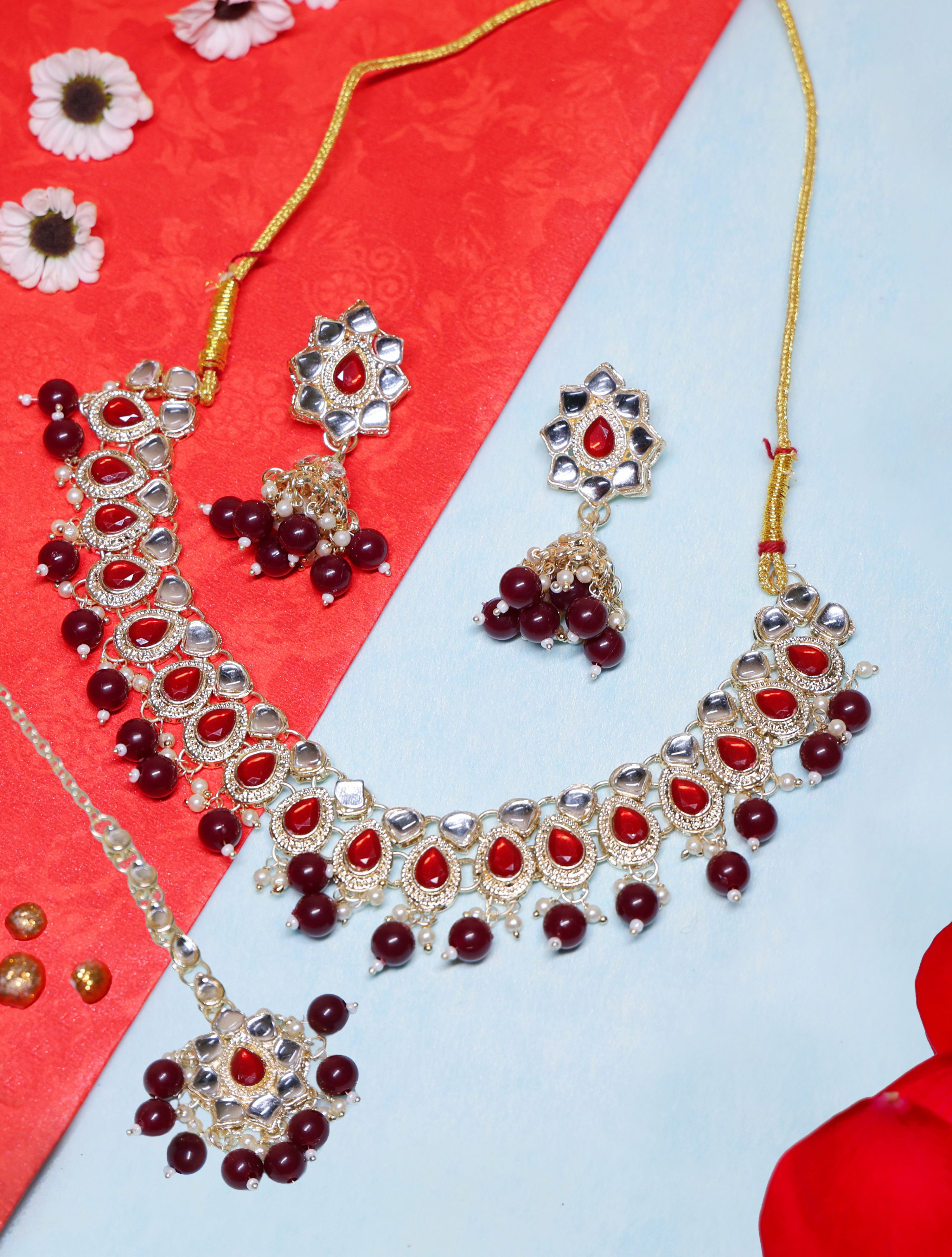 Maroon Kundan Necklace Set with Matching Earrings & Maang Tikka for Women | Traditional Gold-Plated Ethnic Jewellery