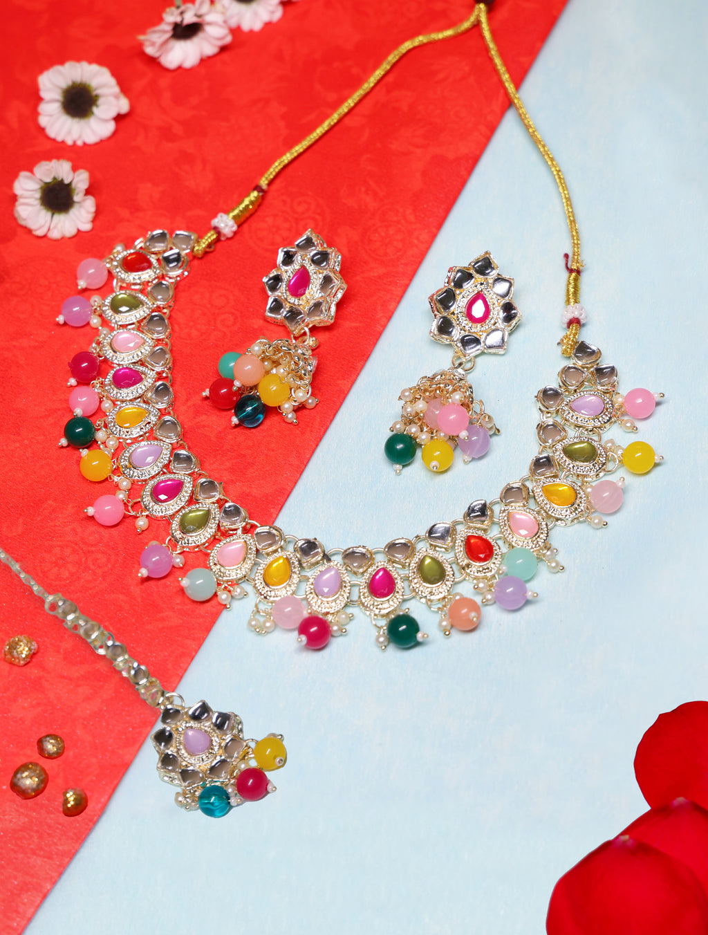 Multicolor Kundan Choker Necklace Set with Jhumka Earrings & Maang Tikka | Gold-Tone Adjustable Bridal Jewelry for Women