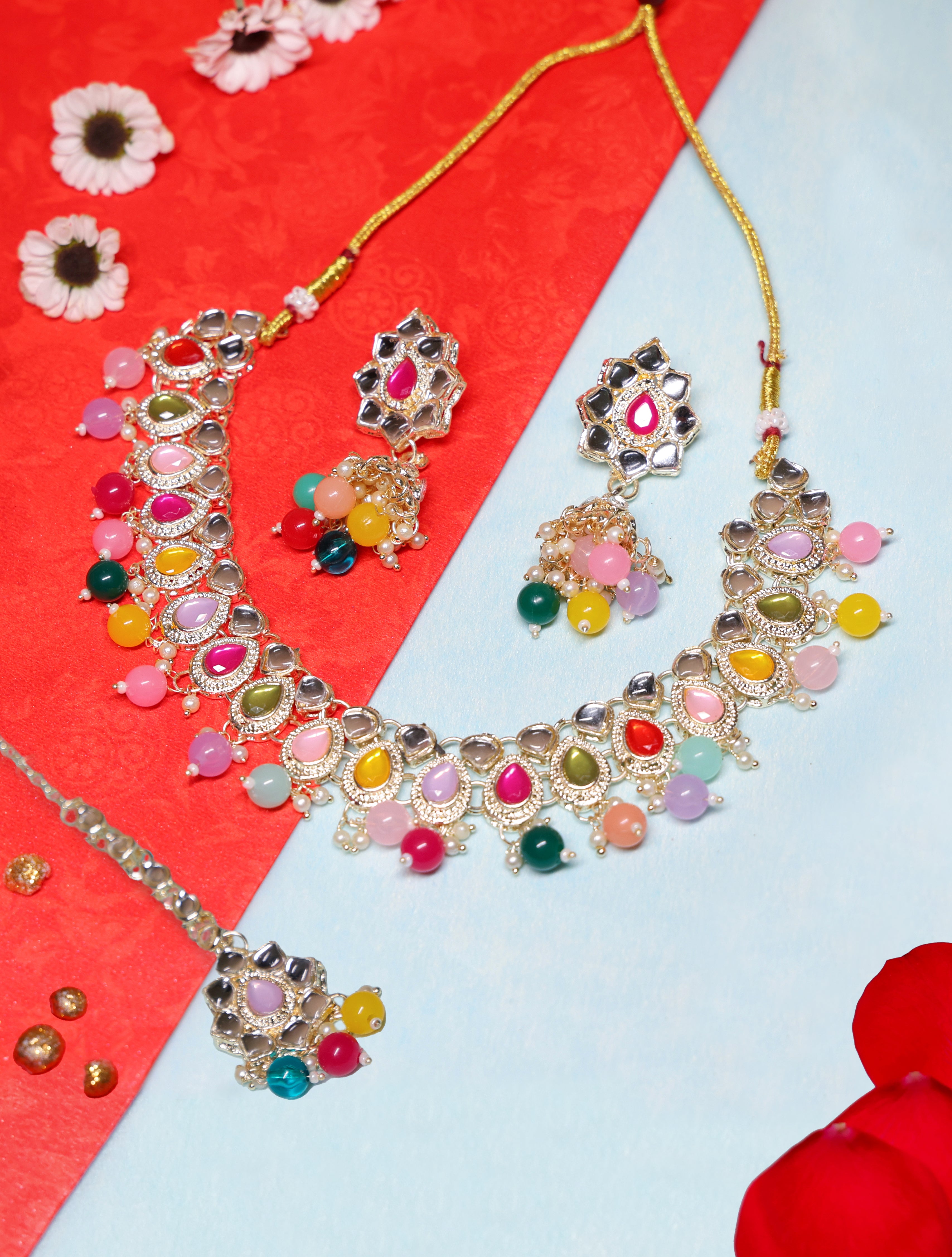 Multicolor Kundan Choker Necklace Set with Jhumka Earrings & Maang Tikka | Gold-Tone Adjustable Bridal Jewelry for Women