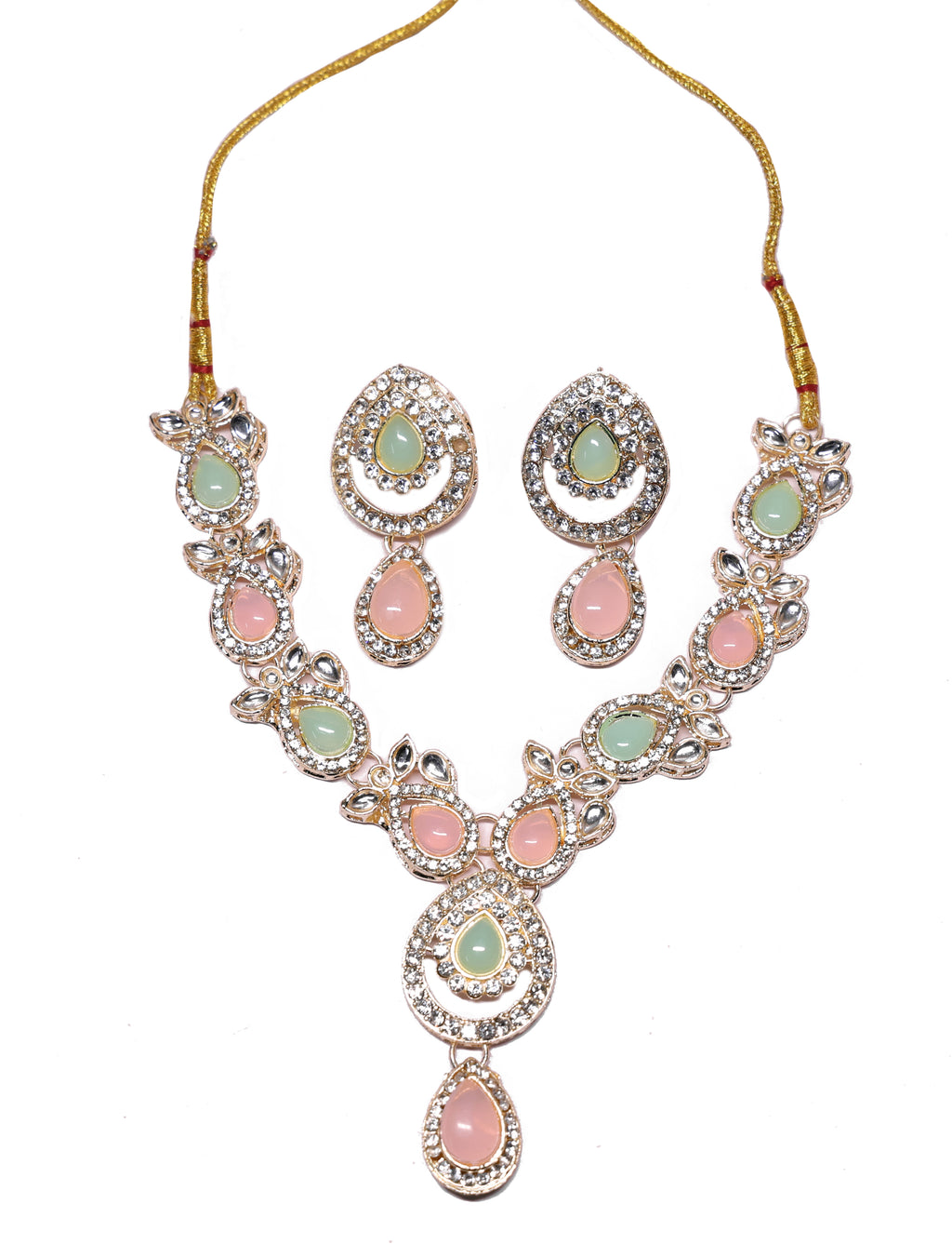 Pastel Pink & Mint Stone Statement Necklace Set with Matching Earrings | Silver-Tone Adjustable Ethnic Jewelry for Women