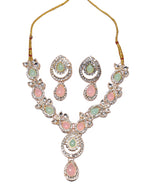 Pastel Pink & Mint Stone Statement Necklace Set with Matching Earrings | Silver-Tone Adjustable Ethnic Jewelry for Women