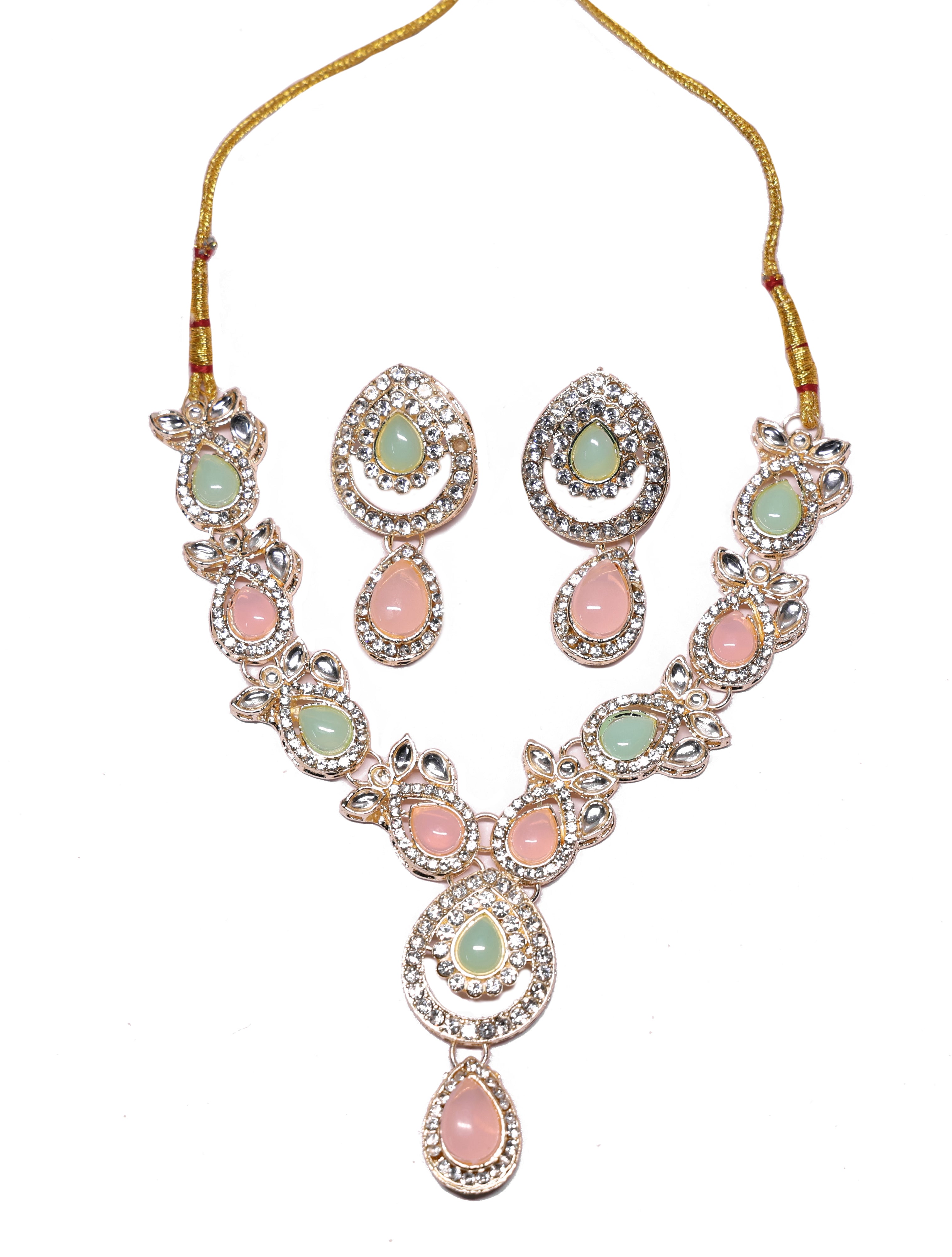 Pastel Pink & Mint Stone Statement Necklace Set with Matching Earrings | Silver-Tone Adjustable Ethnic Jewelry for Women