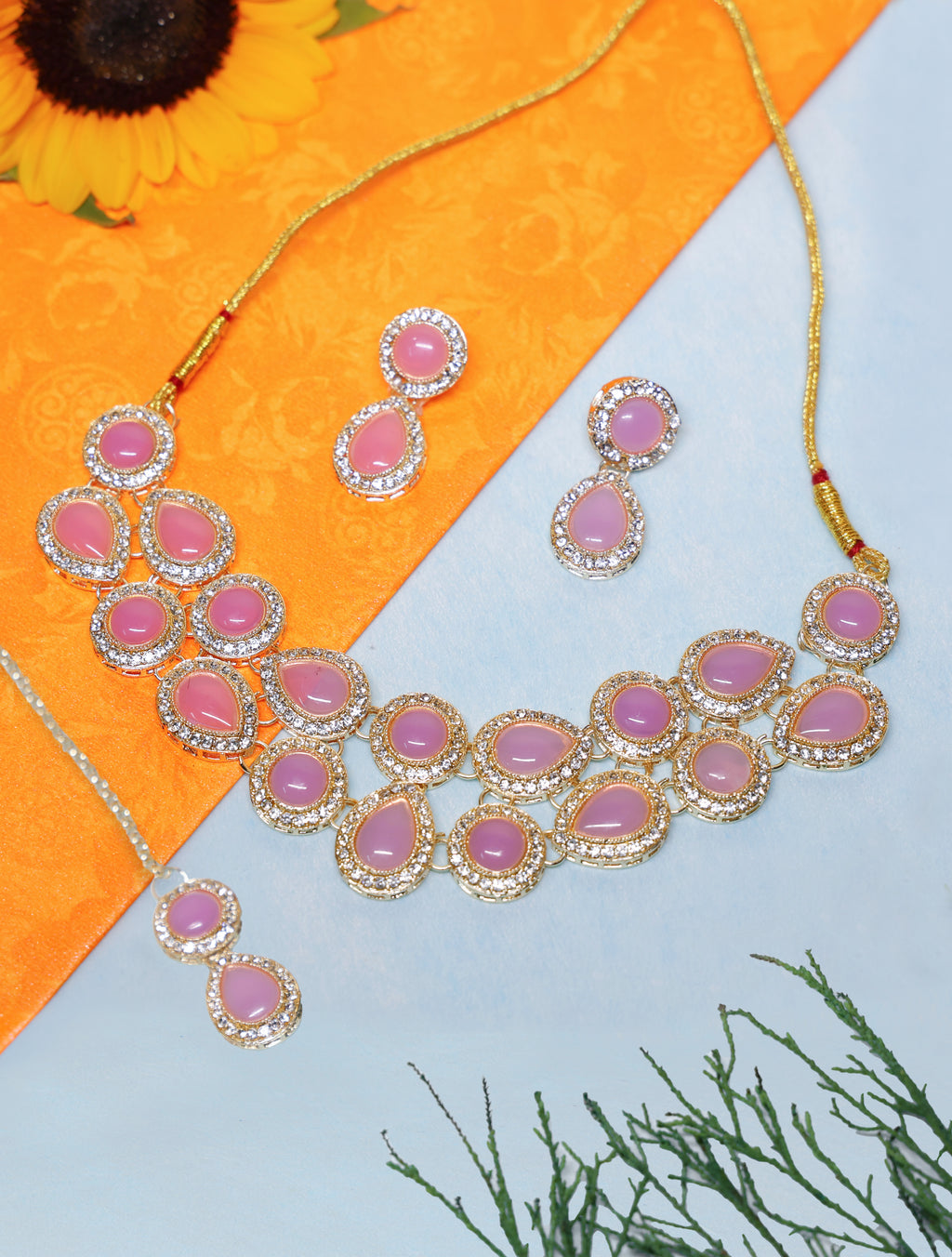 Pink Stone Choker Necklace Set with Earrings