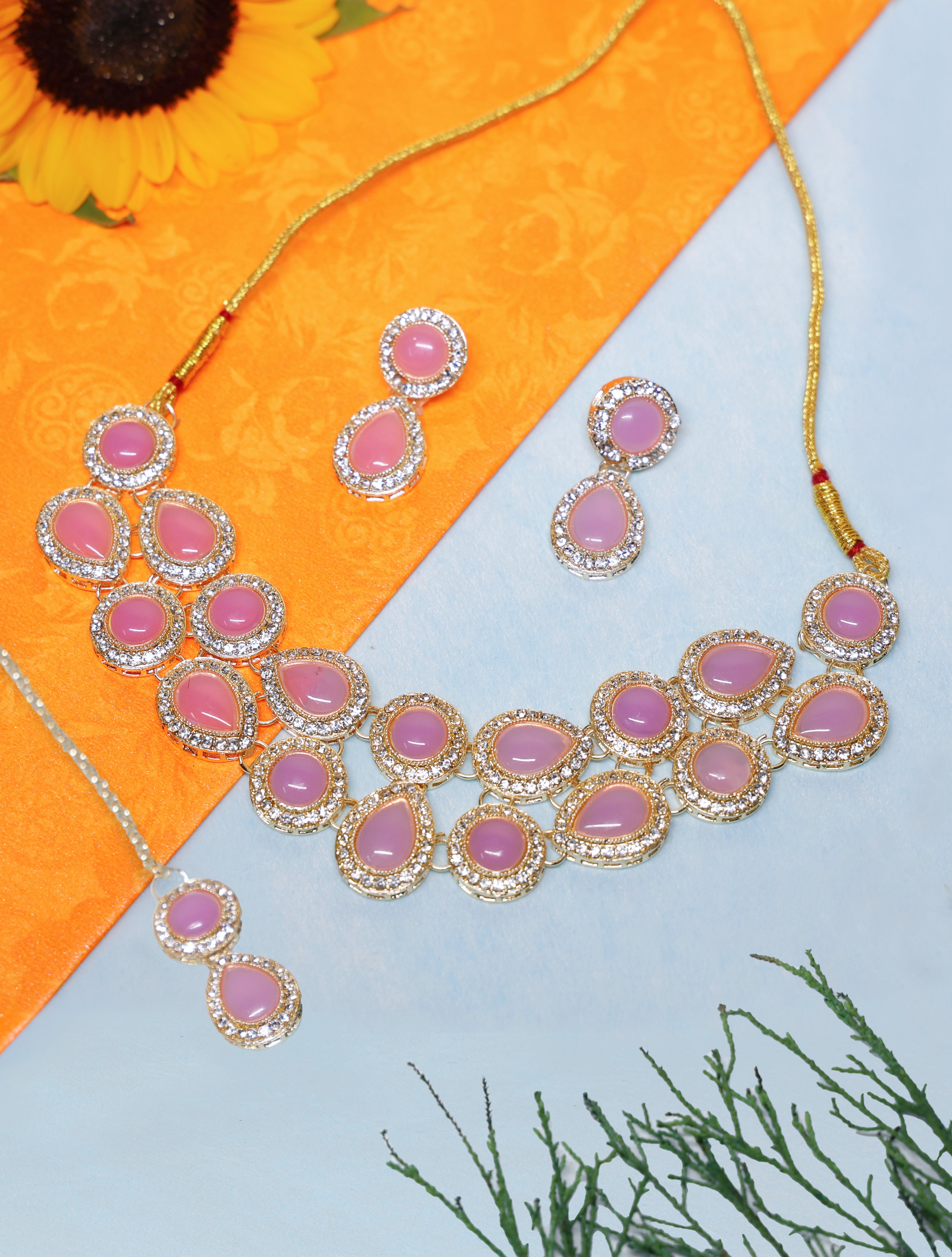 Pink Stone Choker Necklace Set with Earrings