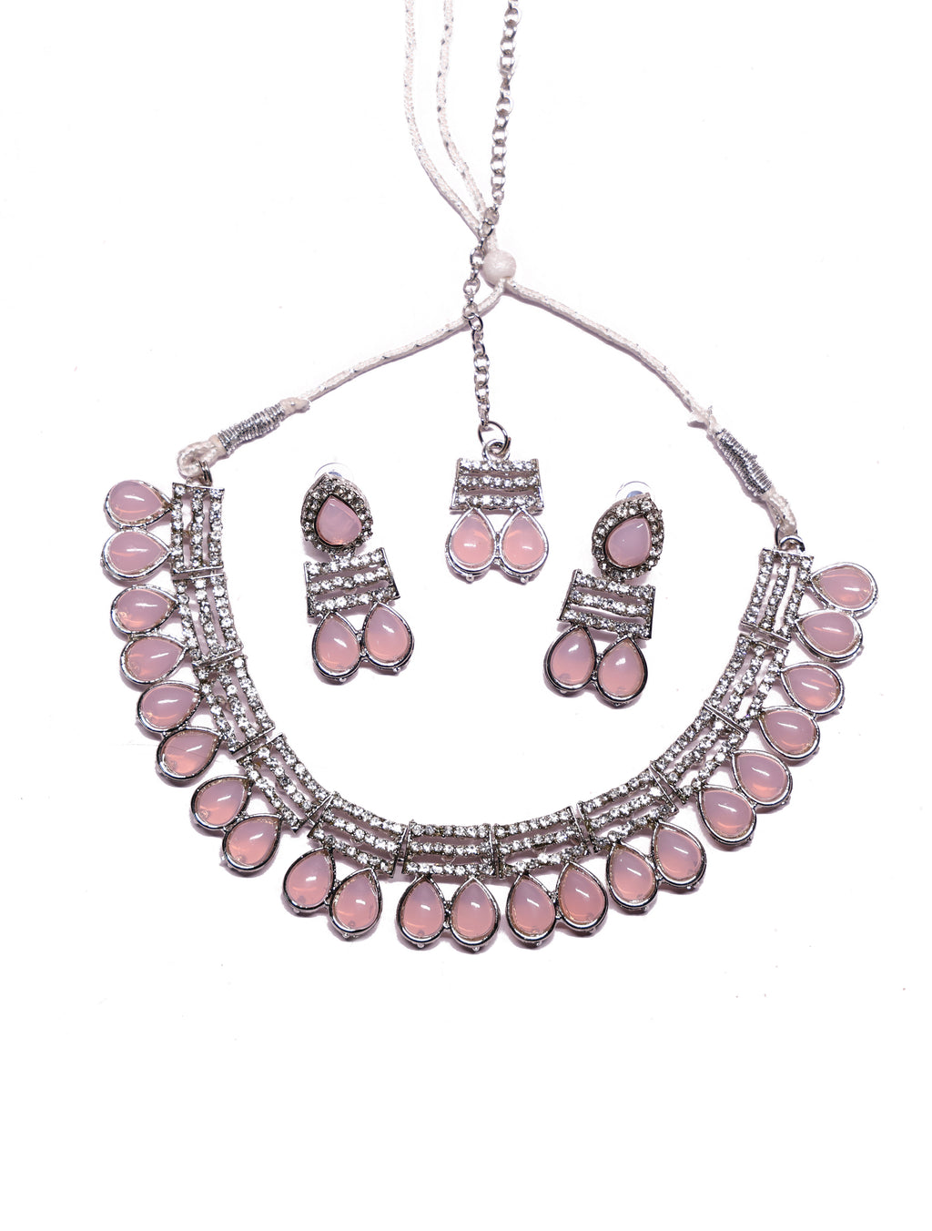 Elegant Pink Stone Choker Necklace Set with Matching Earrings | Silver-Tone Adjustable Party & Bridal Jewelry for Women