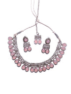Elegant Pink Stone Choker Necklace Set with Matching Earrings | Silver-Tone Adjustable Party & Bridal Jewelry for Women