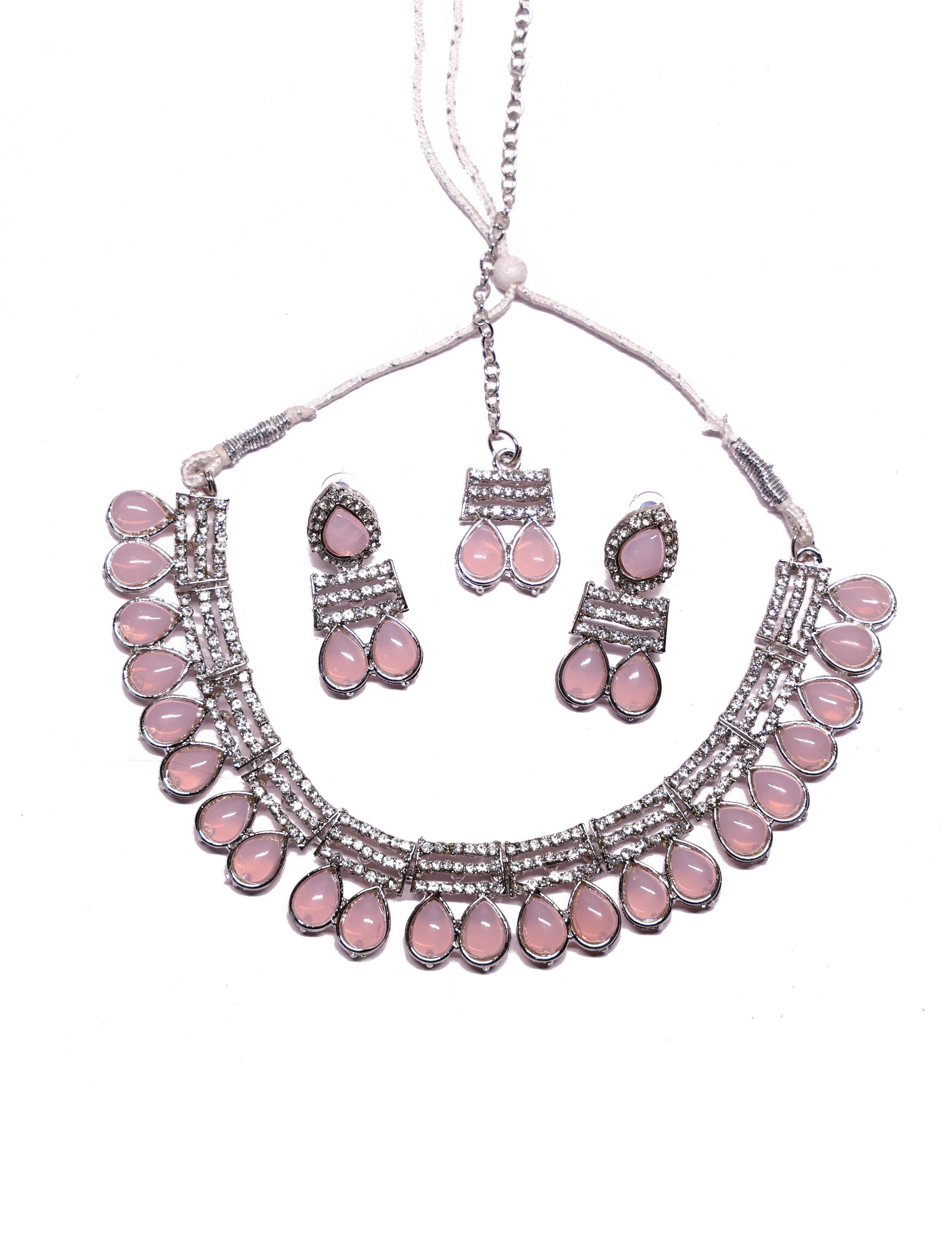 Elegant Pink Stone Choker Necklace Set with Matching Earrings | Silver-Tone Adjustable Party & Bridal Jewelry for Women