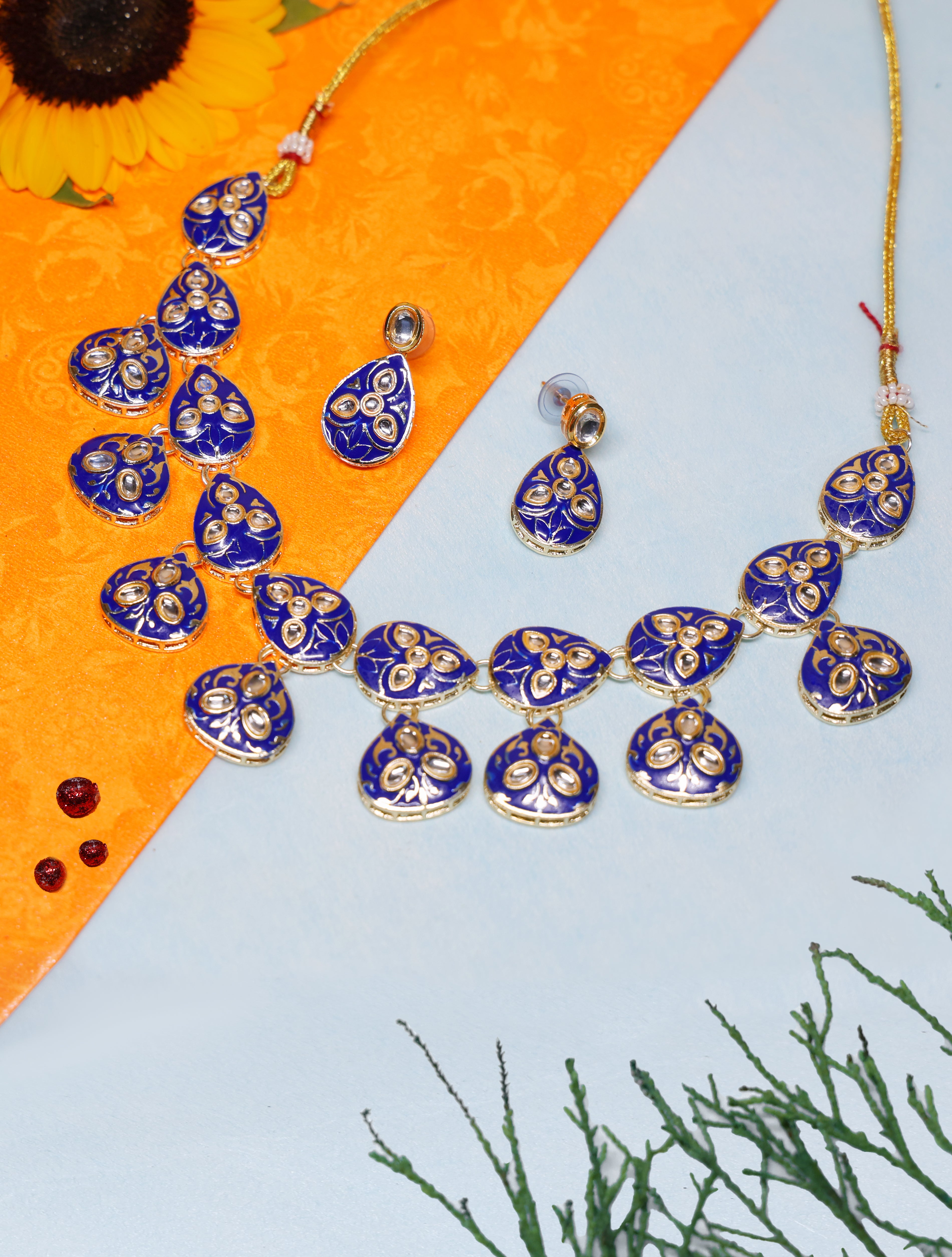Royal Blue Meenakari Kundan Necklace Set with Matching Earrings | Gold-Tone Adjustable Traditional Jewelry for Women