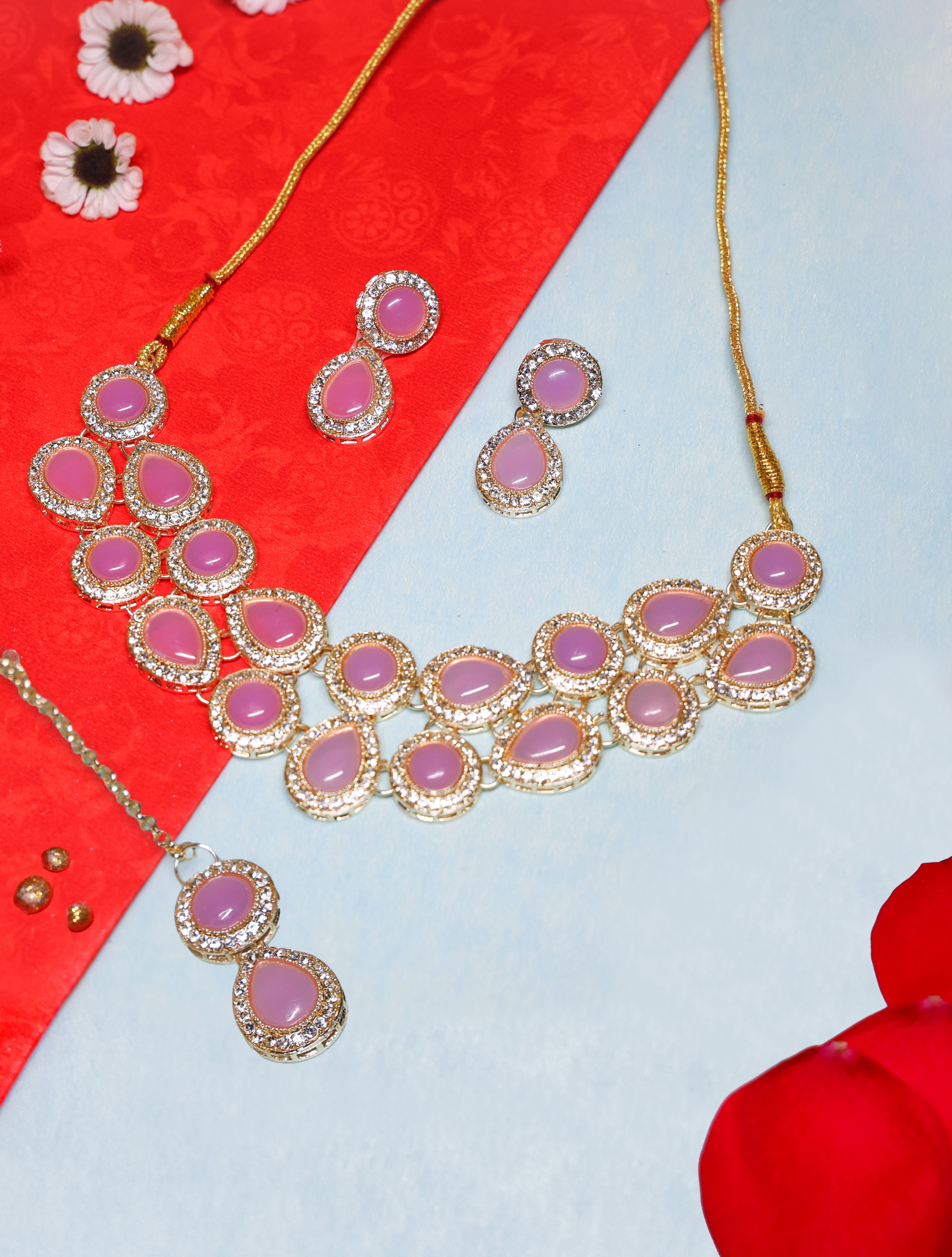 Pink Stone Choker Necklace Set with Earrings