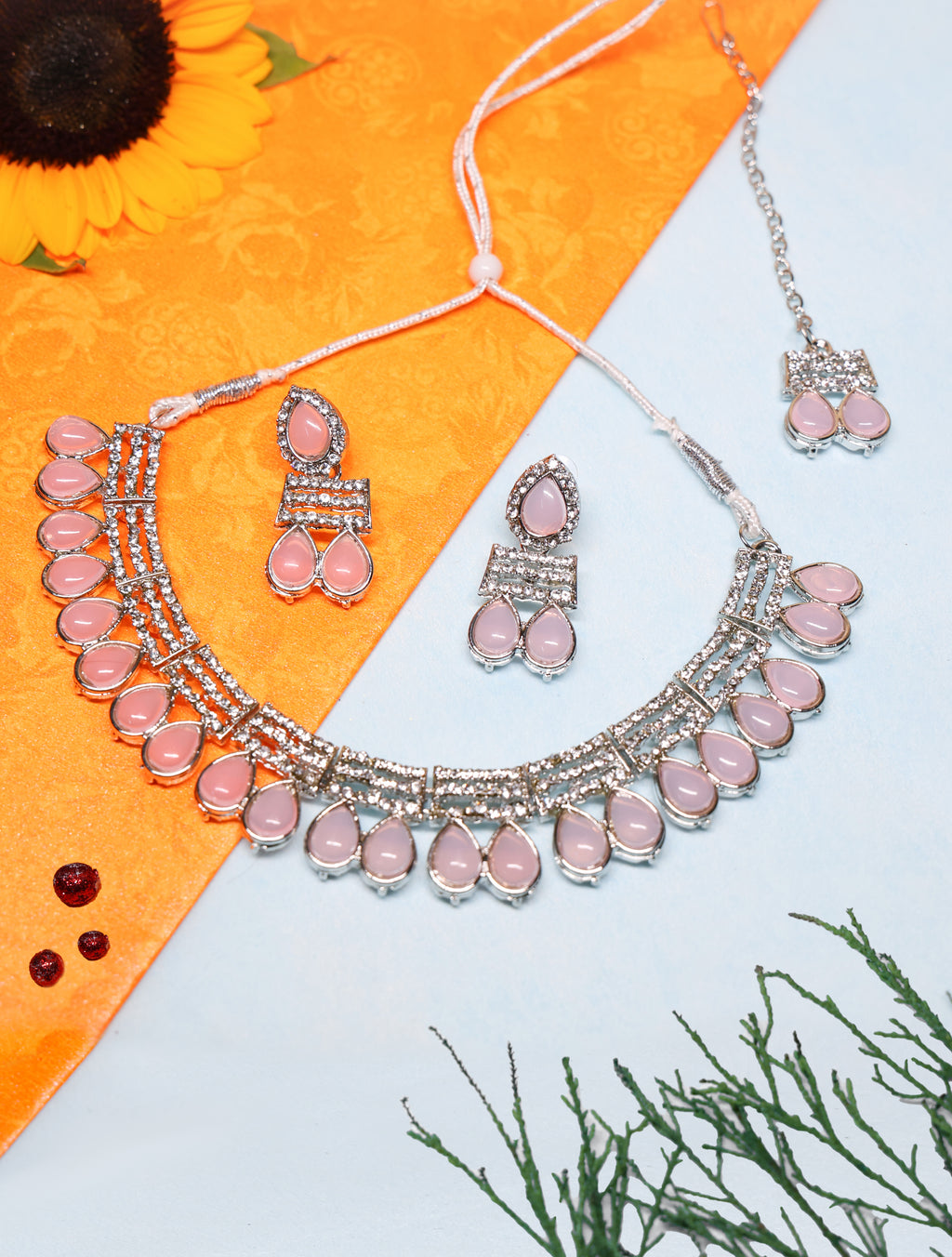Elegant Pink Stone Choker Necklace Set with Matching Earrings | Silver-Tone Adjustable Party & Bridal Jewelry for Women