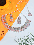 Elegant Pink Stone Choker Necklace Set with Matching Earrings | Silver-Tone Adjustable Party & Bridal Jewelry for Women