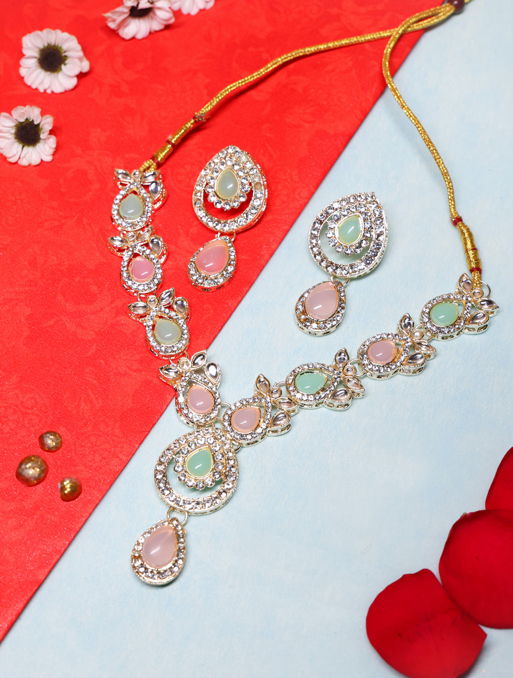 Pastel Pink & Mint Stone Statement Necklace Set with Matching Earrings | Silver-Tone Adjustable Ethnic Jewelry for Women