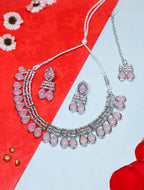Elegant Pink Stone Choker Necklace Set with Matching Earrings | Silver-Tone Adjustable Party & Bridal Jewelry for Women