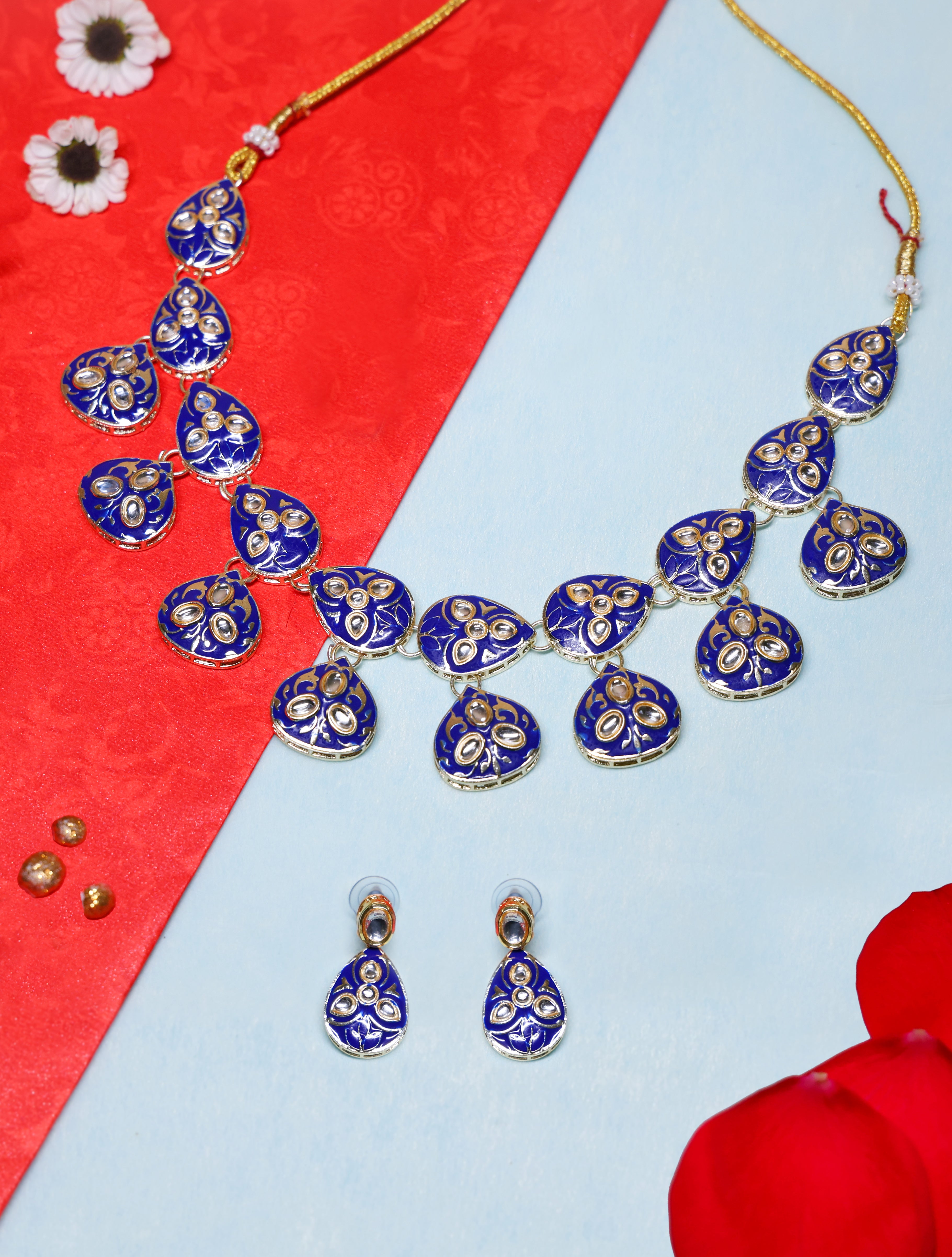Royal Blue Meenakari Kundan Necklace Set with Matching Earrings | Gold-Tone Adjustable Traditional Jewelry for Women