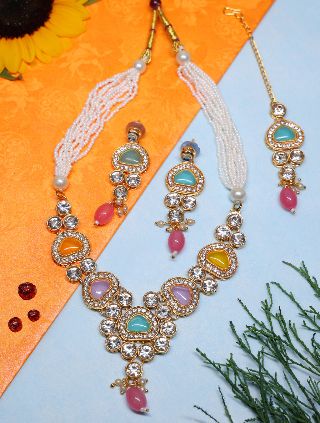 Multicolor Beaded Kundan Necklace Set with Earrings for Women
