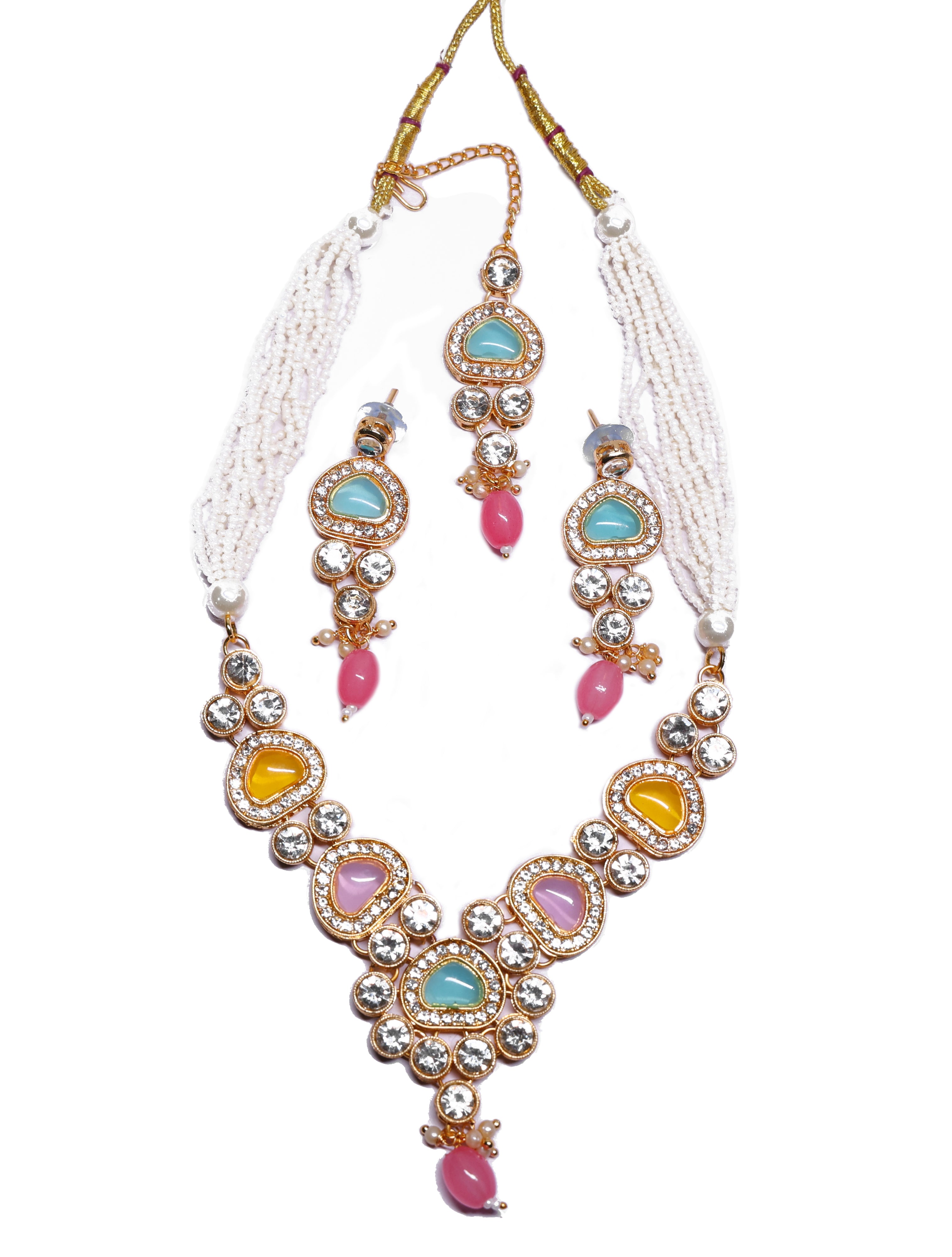 Multicolor Beaded Kundan Necklace Set with Earrings for Women