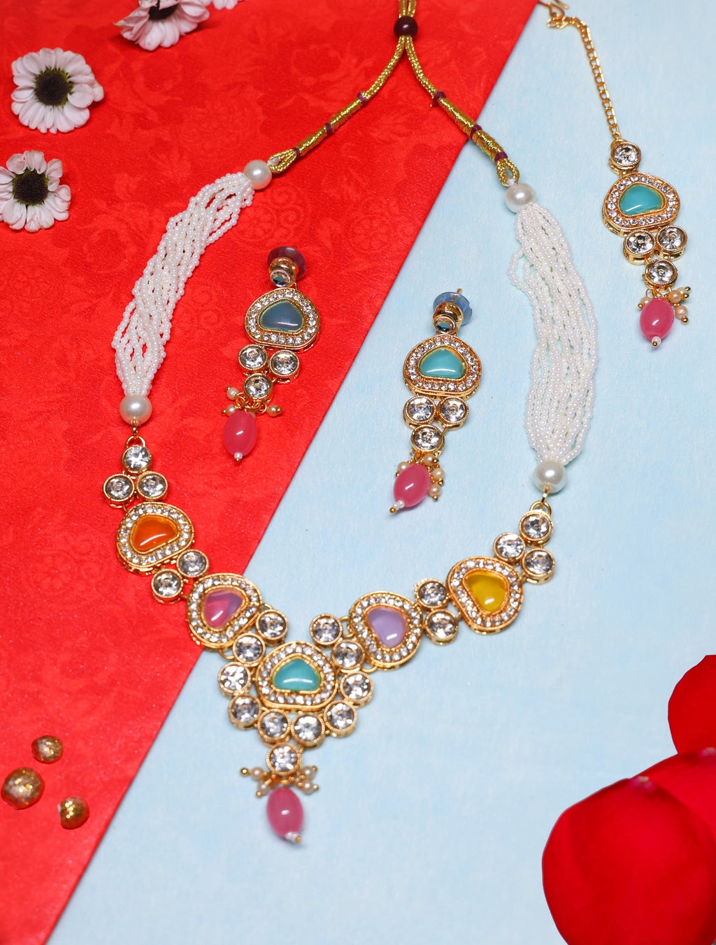 Multicolor Beaded Kundan Necklace Set with Earrings for Women