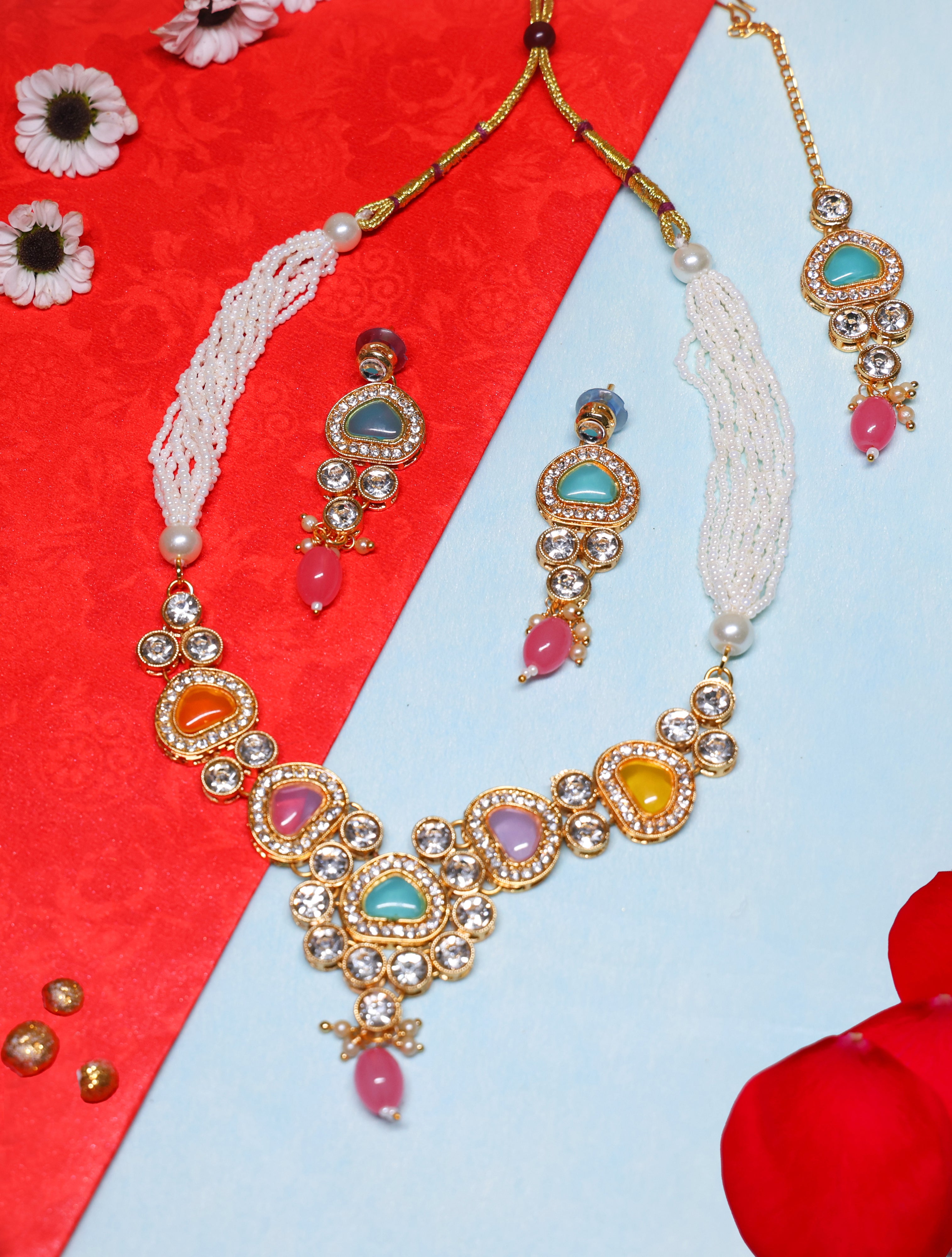 Multicolor Beaded Kundan Necklace Set with Earrings for Women