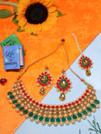 Kundan Pearl Choker Necklace Set with Earrings & Maang Tikka for Women