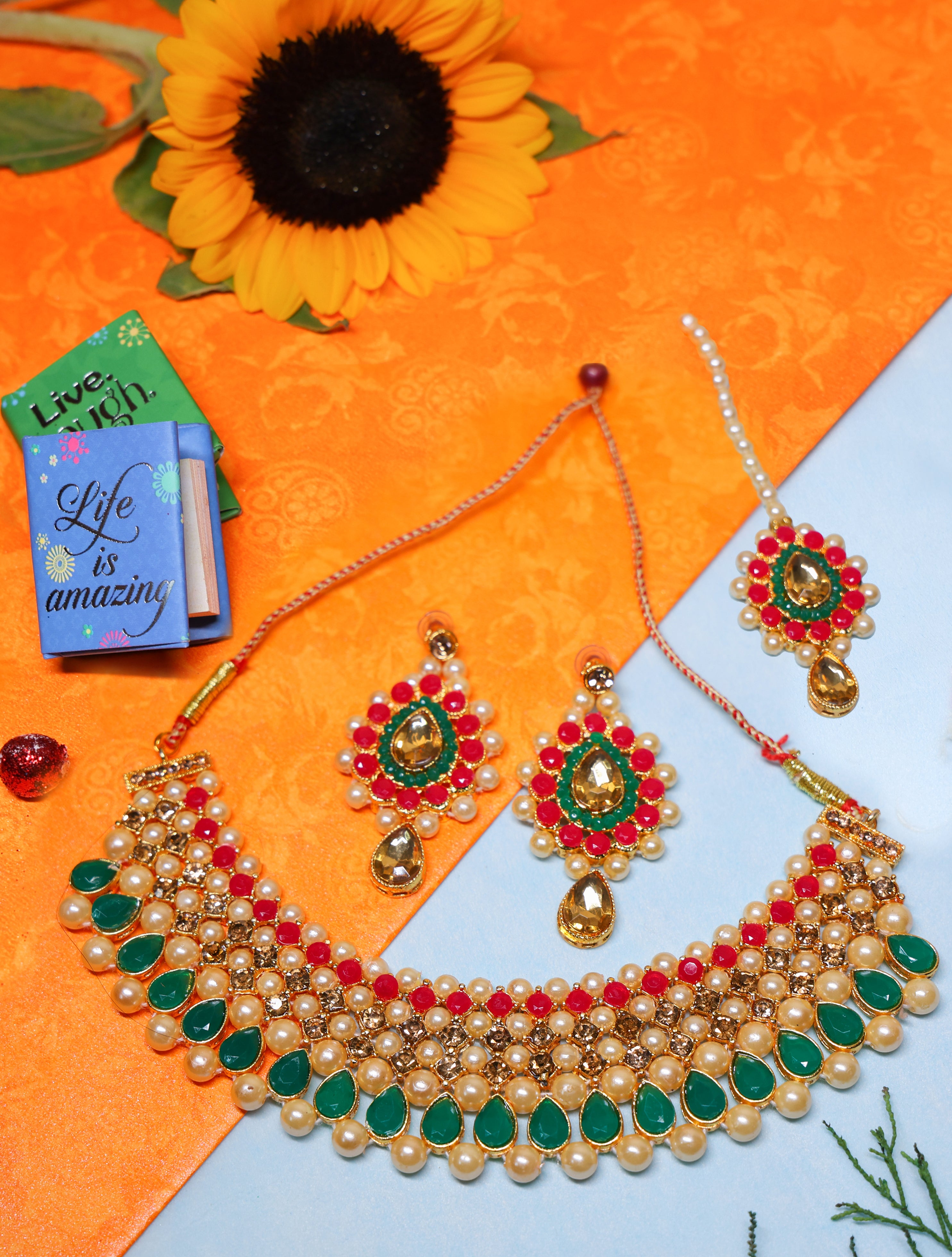 Kundan Pearl Choker Necklace Set with Earrings & Maang Tikka for Women