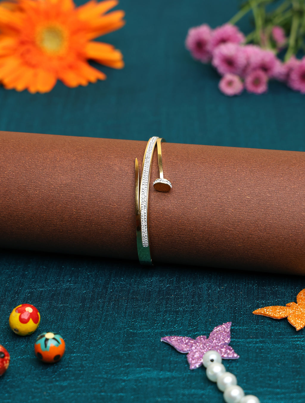Gold-Tone Nail Design Crystal Bangle Bracelet for Women | Elegant Designer Cuff Bracelet