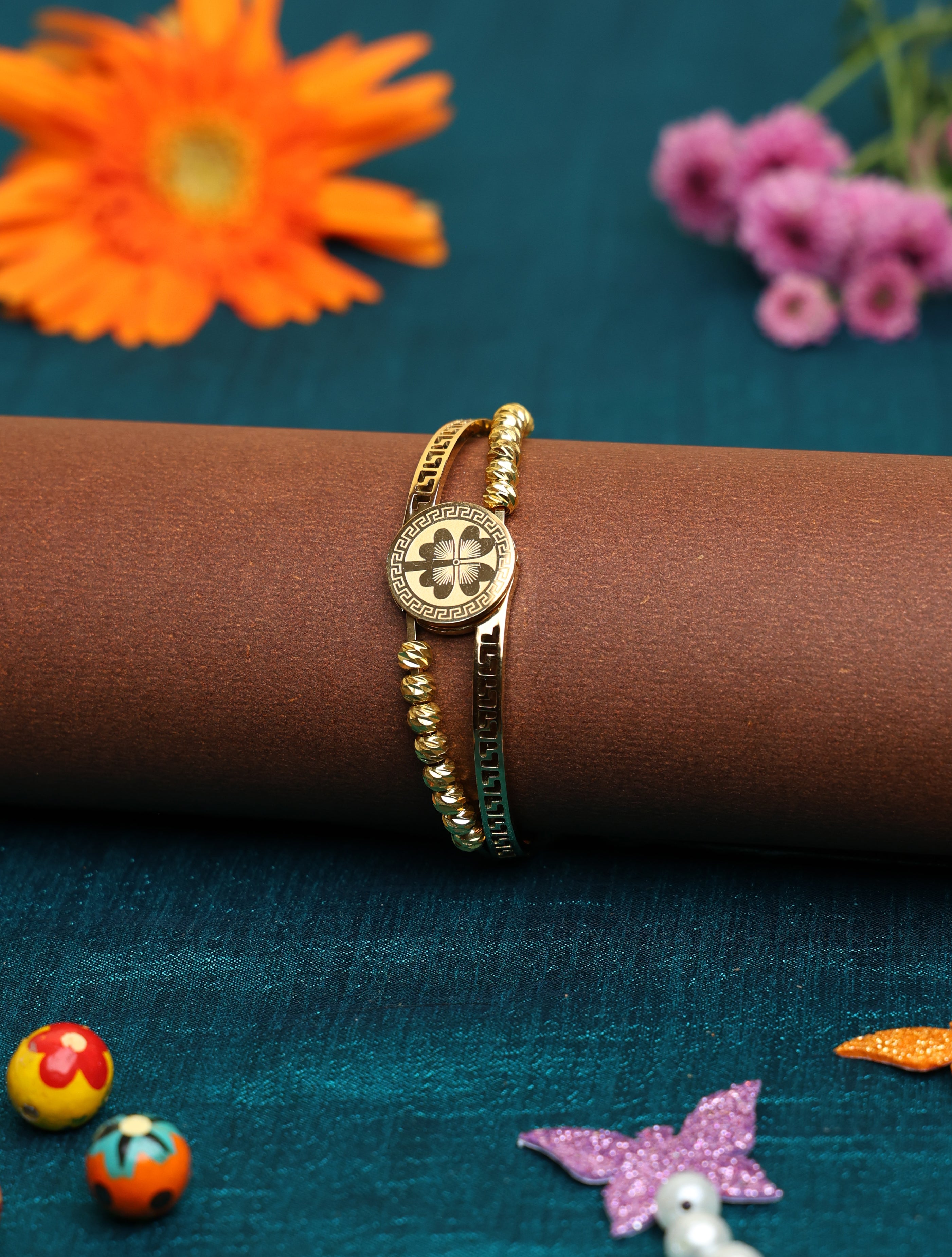 Women's Gold-Plated Lucky Clover Designer Kada Bracelet | Beaded Adjustable Fashion Bangle for Women & Girls