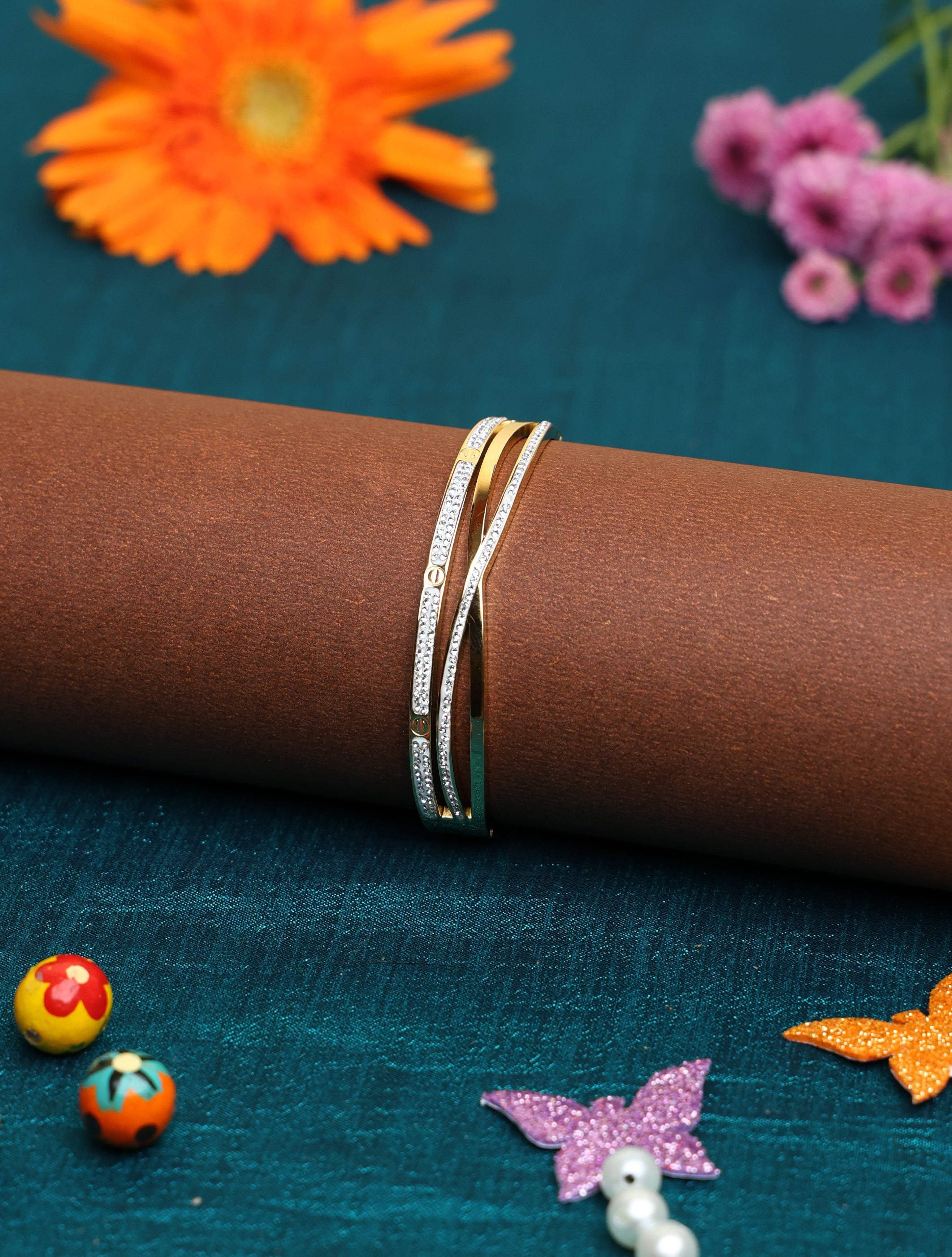 Gold-Tone Crystal Designer Cuff Bracelet for Women | Elegant Open Bangle with Pavé Accents