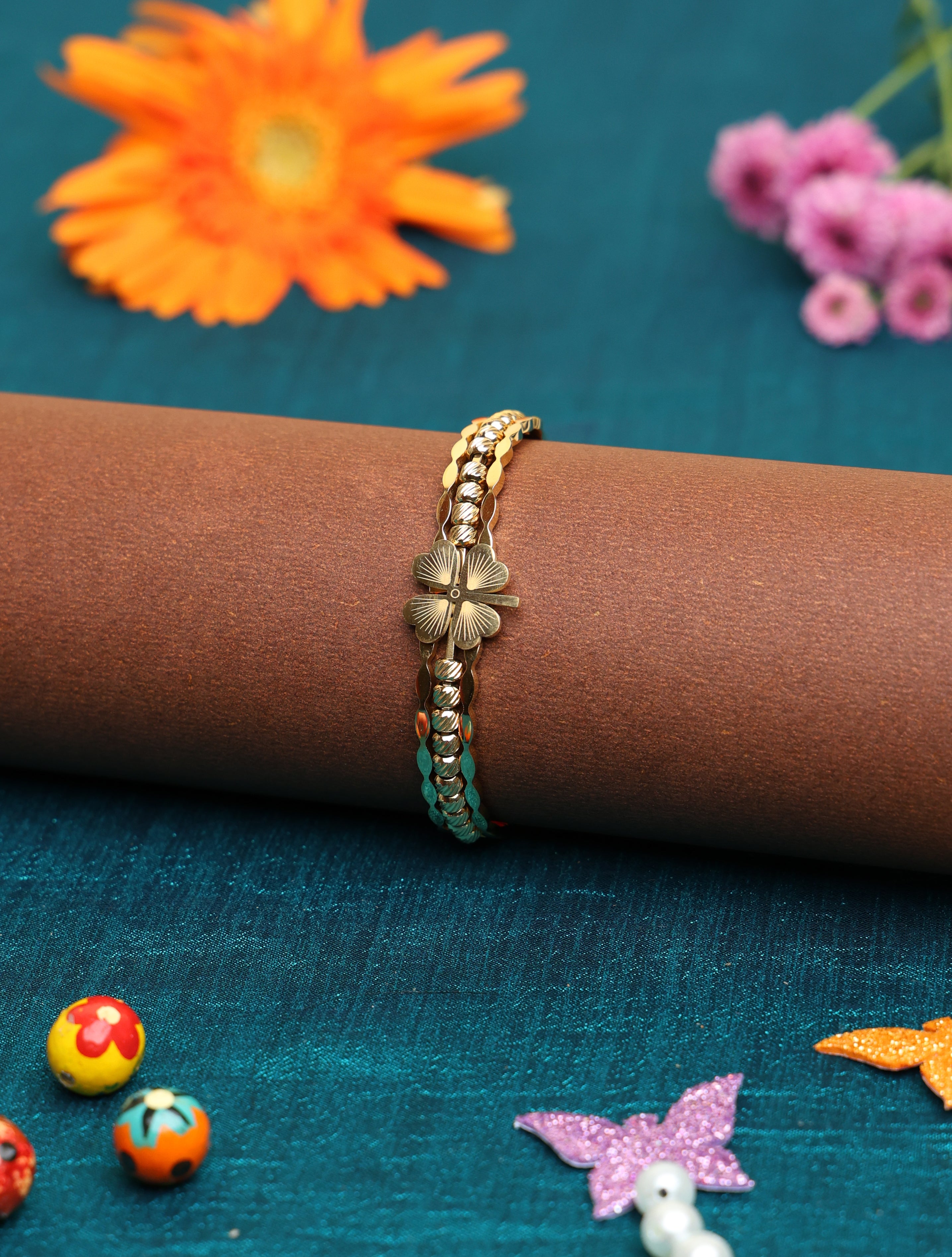 Women's Gold-Plated Four Leaf Clover Designer Kada Bracelet | Elegant Adjustable Bangle for Women & Girls