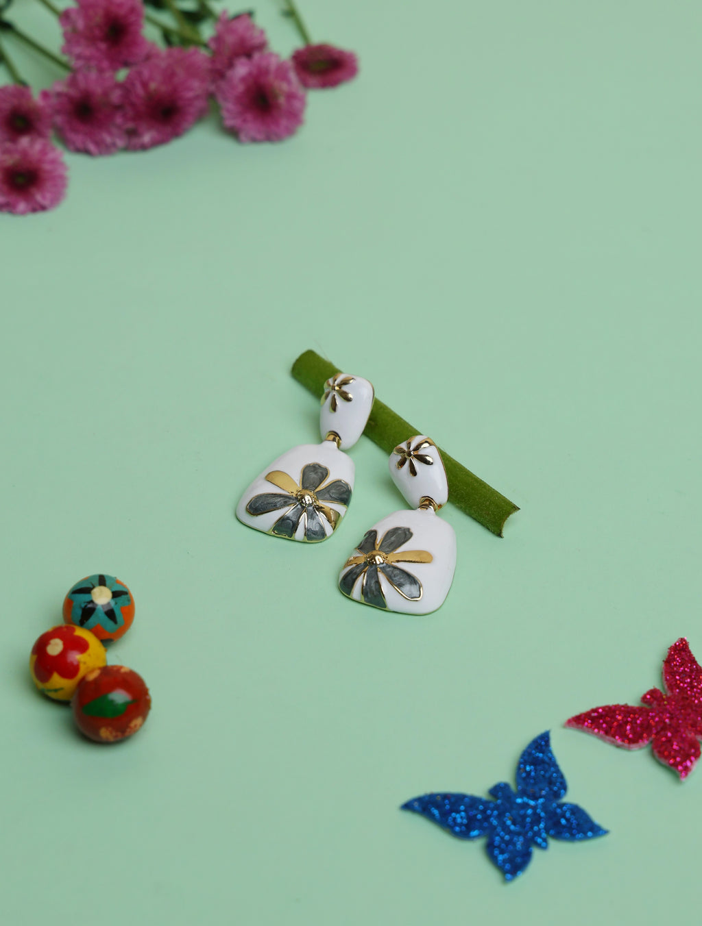 Elegant Floral Enamel Drop Earrings for Women | White & Gold-Tone Designer Earrings