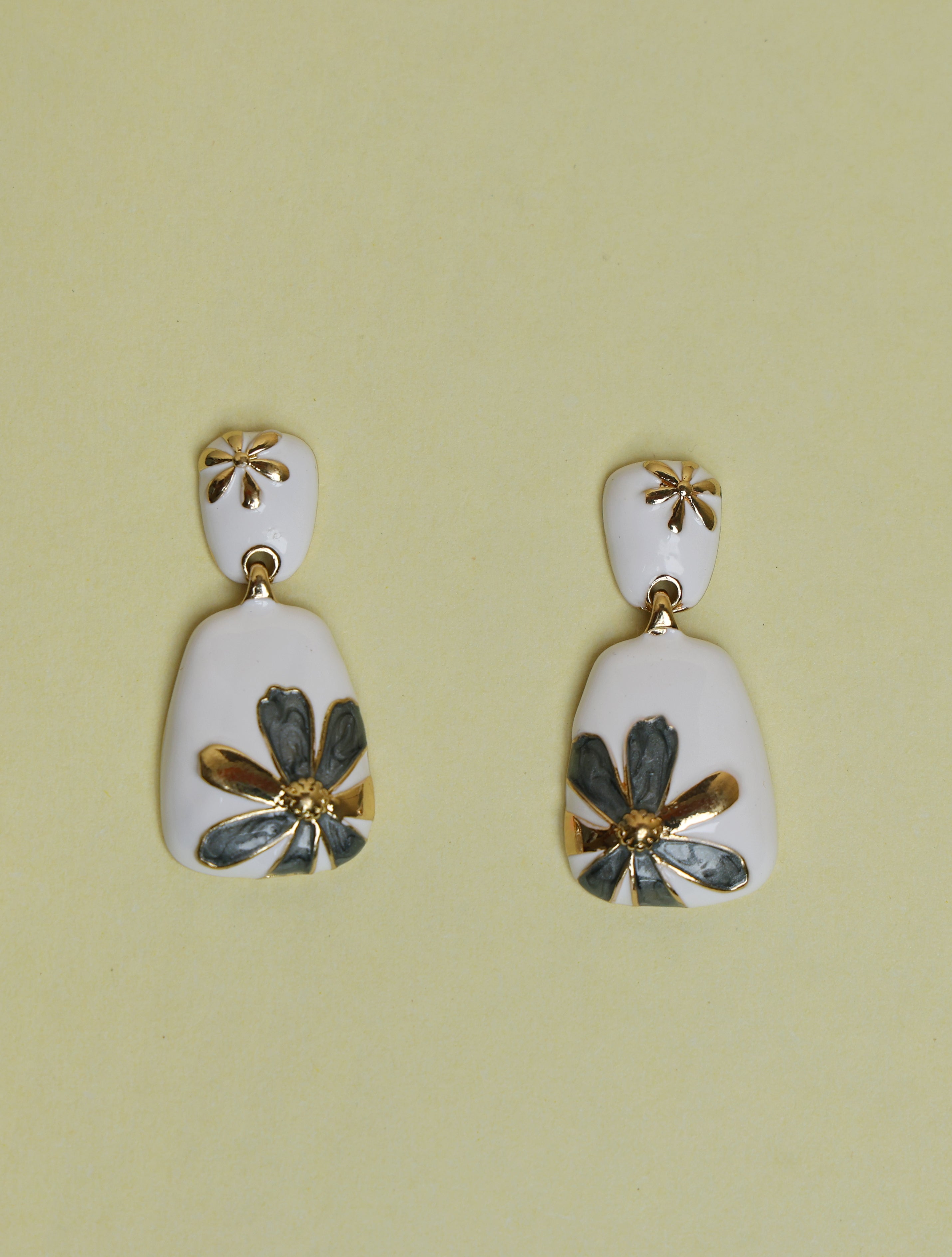 Elegant Floral Enamel Drop Earrings for Women | White & Gold-Tone Designer Earrings