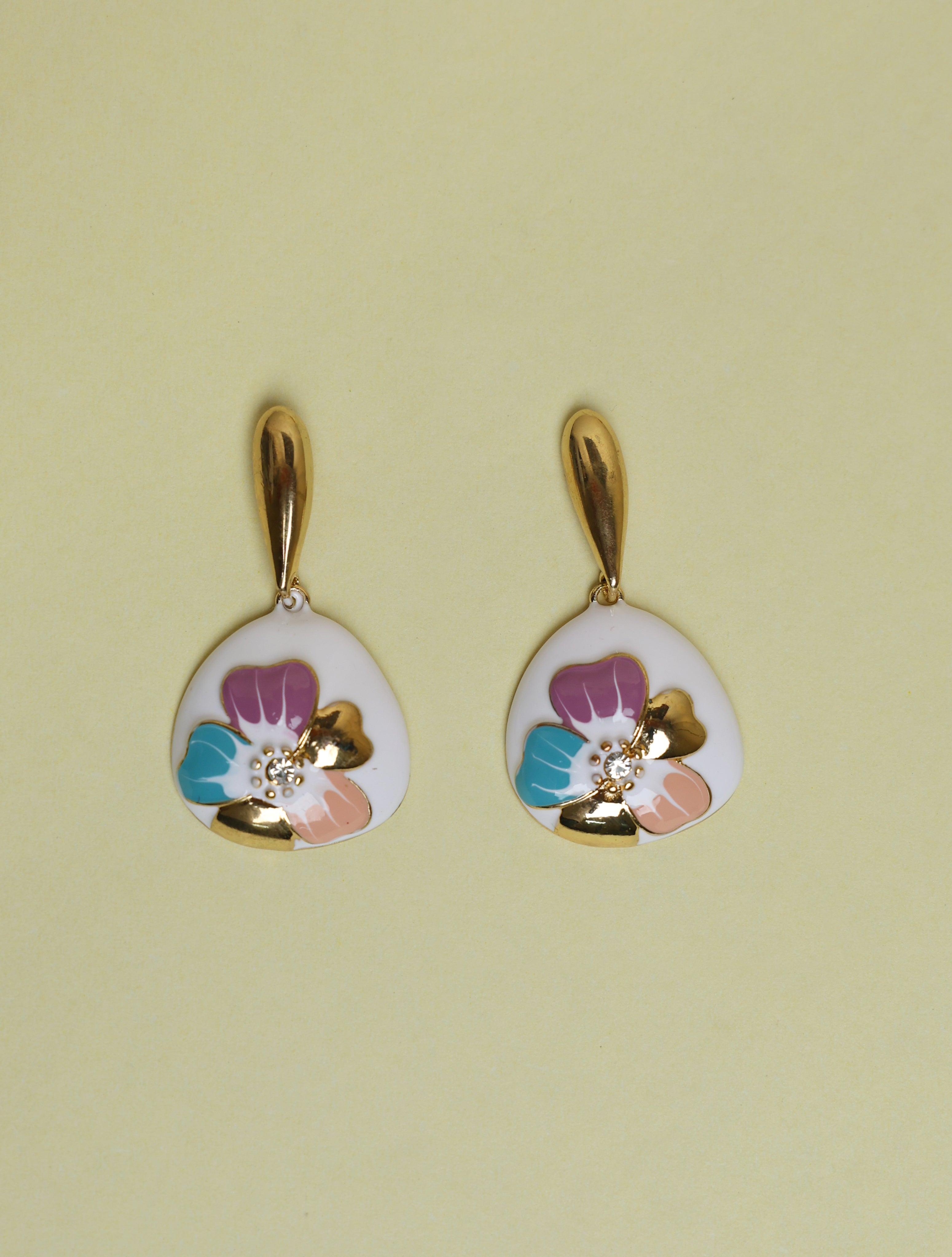 Floral Enamel Drop Earrings for Women | White & Gold-Tone Designer Earrings