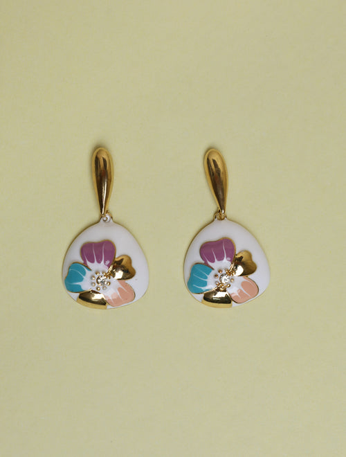 Floral Enamel Drop Earrings for Women | White & Gold-Tone Designer Earrings