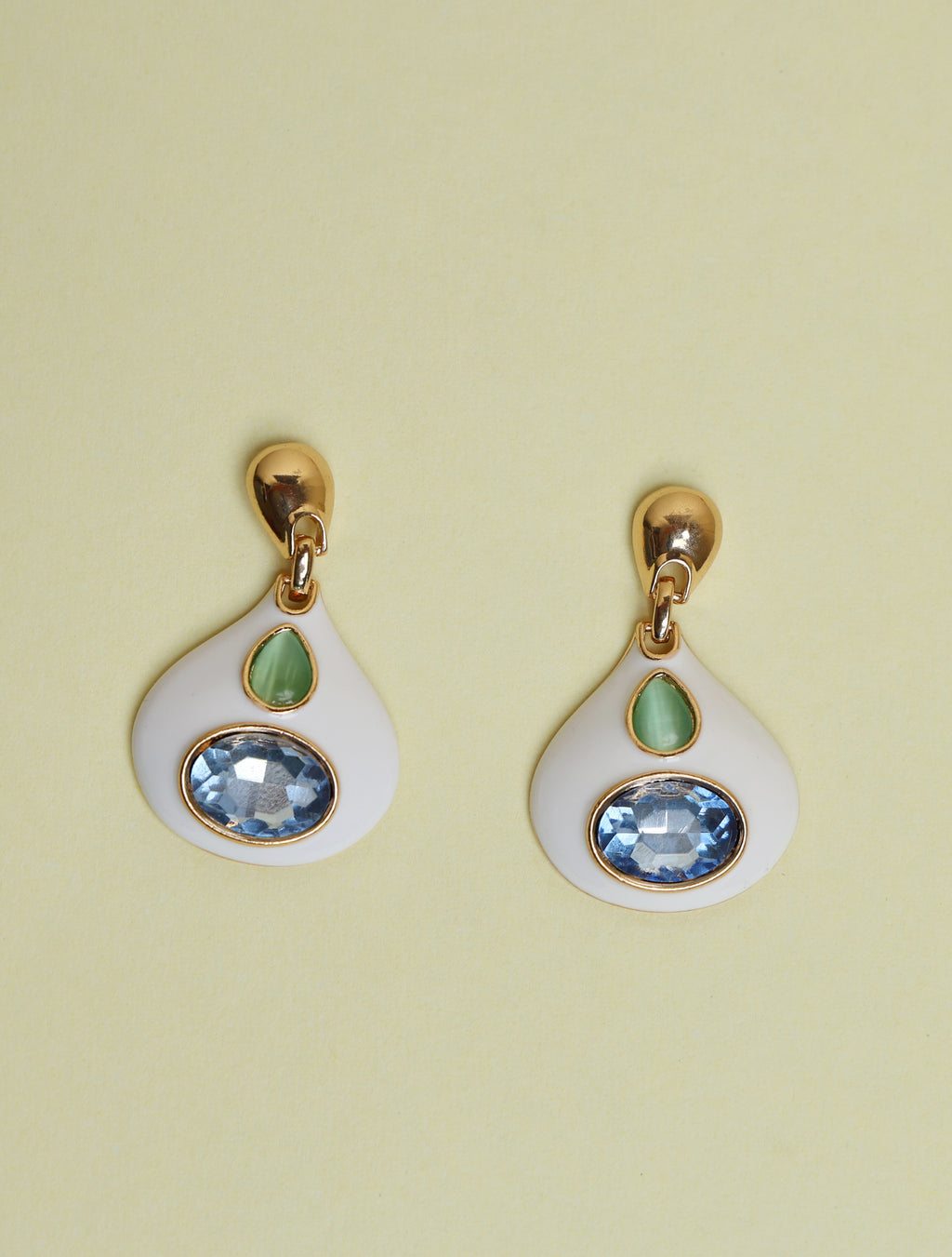 White Enamel Drop Earrings with Blue Crystal for Women | Gold-Tone Elegant Statement Earrings