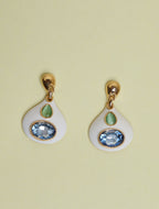 White Enamel Drop Earrings with Blue Crystal for Women | Gold-Tone Elegant Statement Earrings